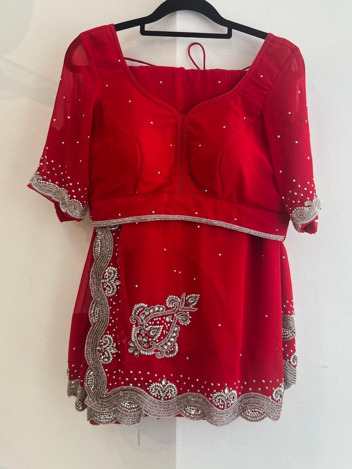 Georgette Saree Set In Red with Sworoski Crystal - Boutique Nepal
