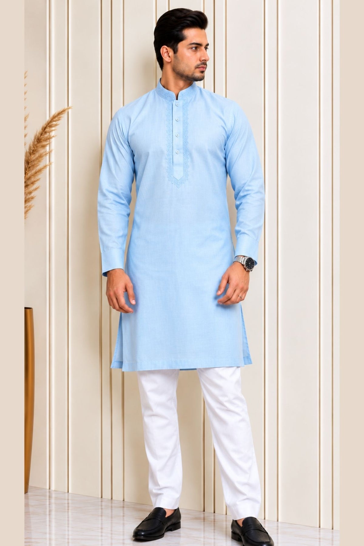 Mens Cotton Kurta In Skyblue