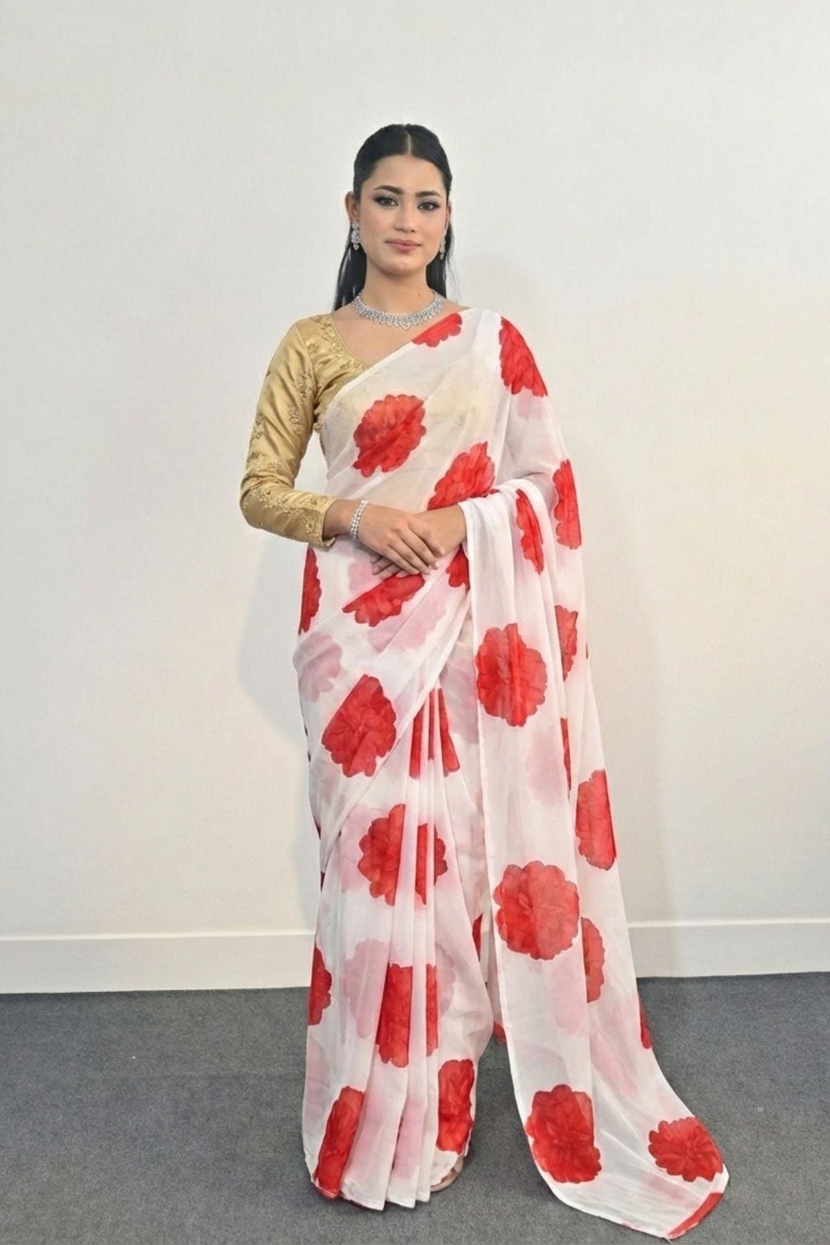 Laxmi Pooja Sowbhagya Pack - Floral Print Georgette - Red