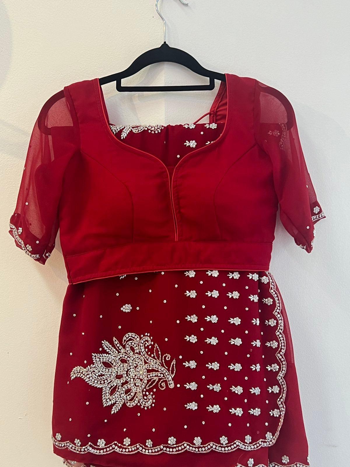 Georgette Saree Set In Red with Sworoski Crystal - Boutique Nepal