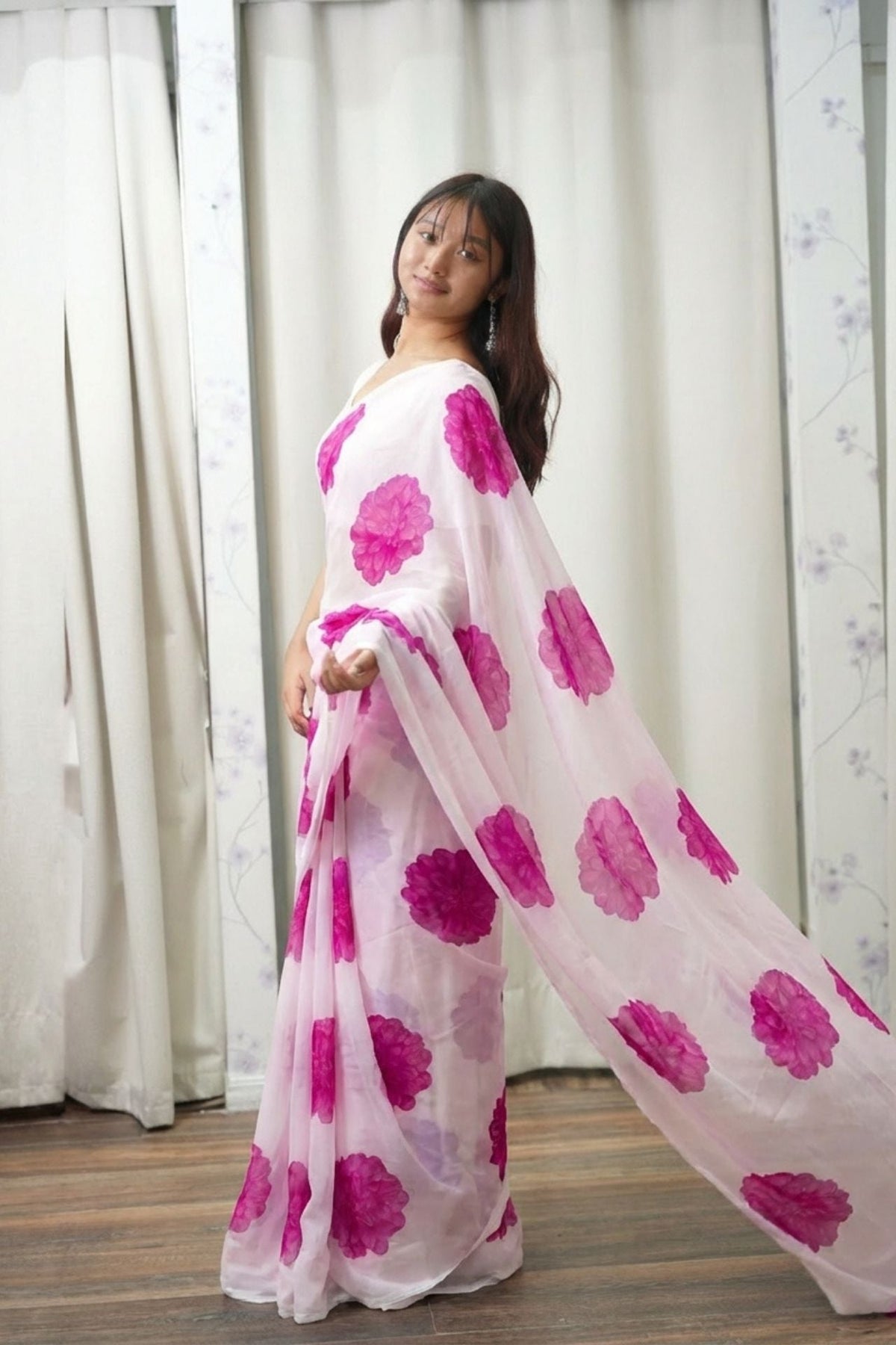 Laxmi Pooja Sowbhagya Pack - Digital Floral Georgette - Hot Pink