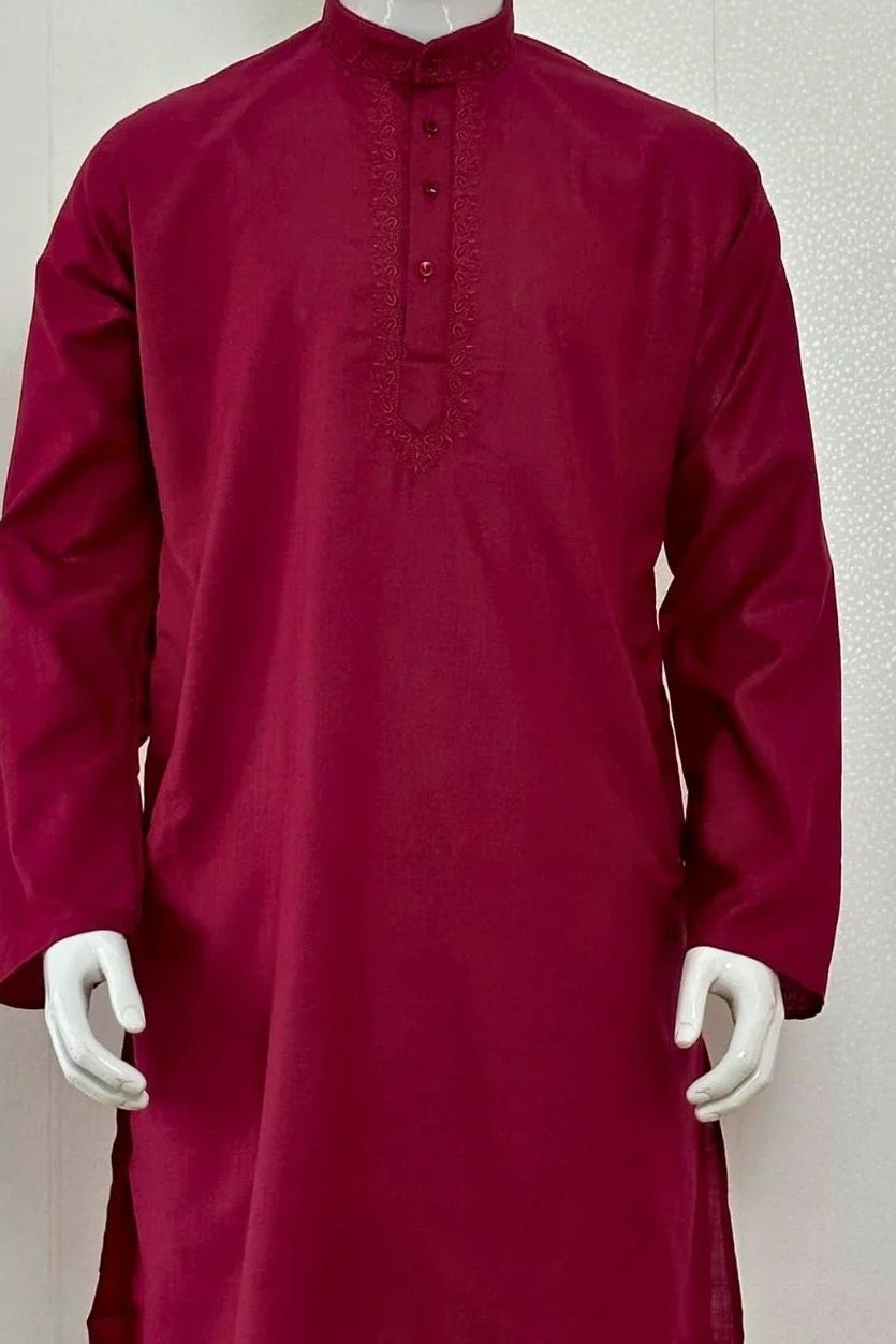 Maroon kurta on a mannequin against a white background