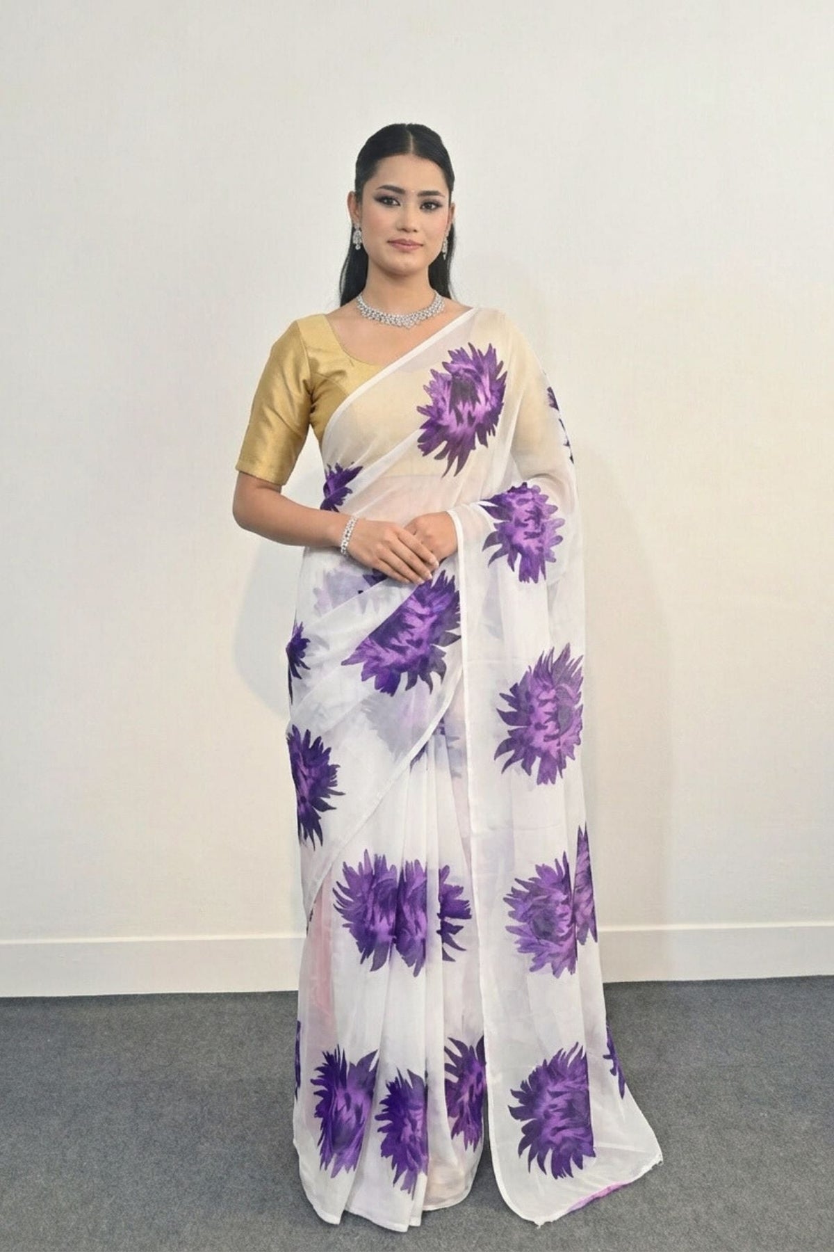 Laxmi Pooja Sowbhagya Pack - Floral Print Georgette - Royal Purple