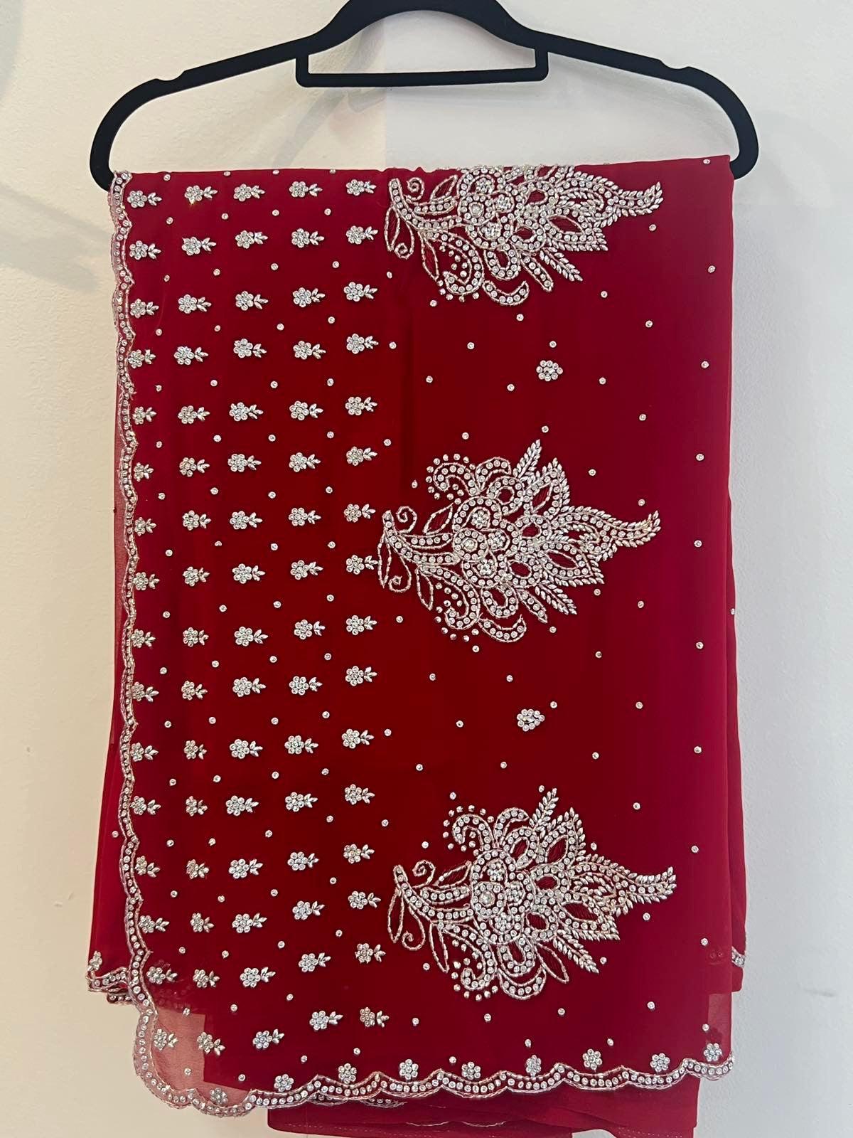 Georgette Saree Set In Red with Sworoski Crystal - Boutique Nepal