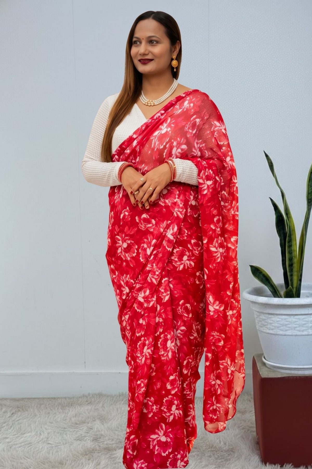 Laxmi Pooja Sowbhagya Pack - White Print Georgette - Red / Purple