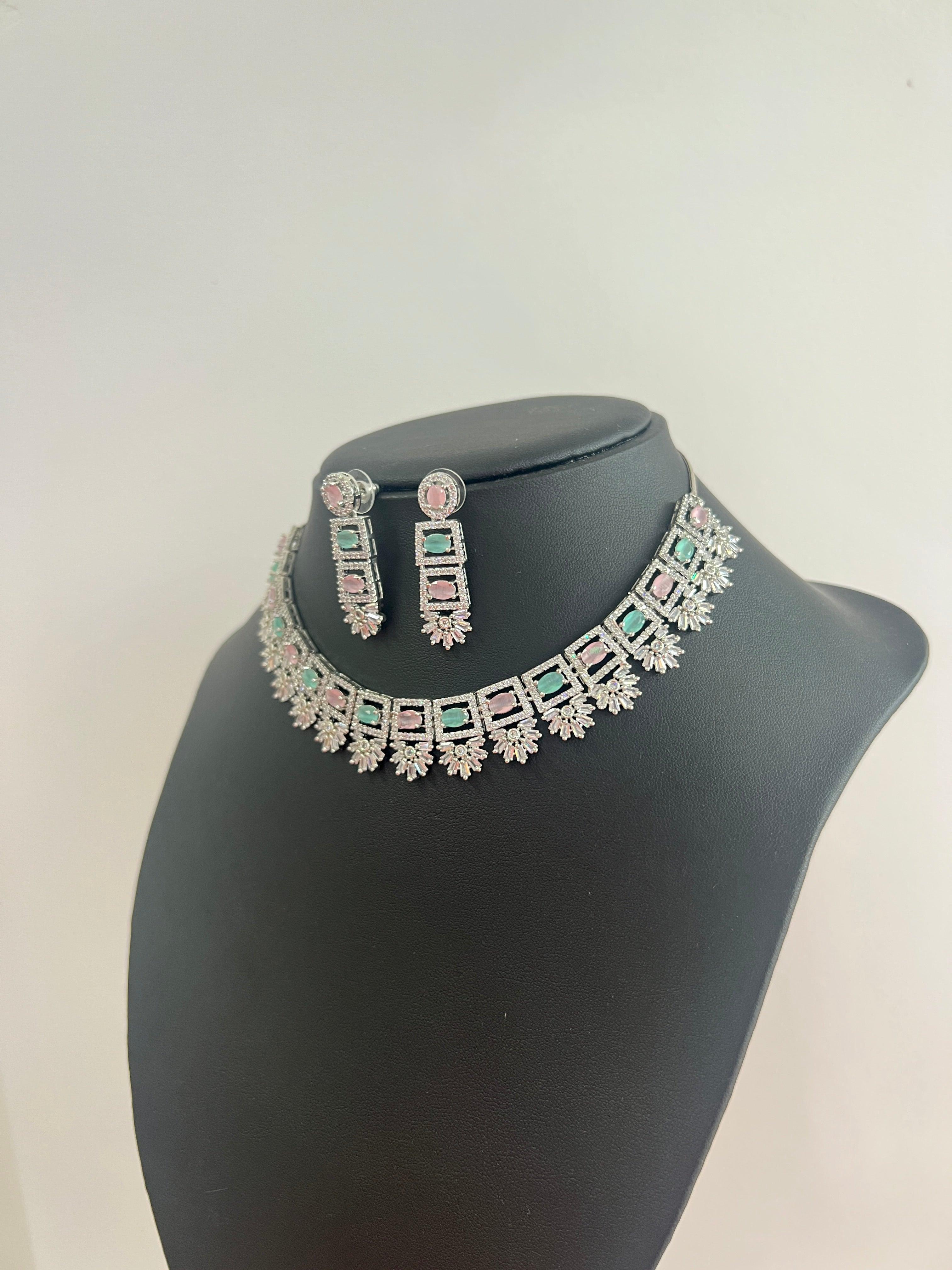 American Diamond Necklace Set with Multicoloured Stone - Boutique Nepal Australia