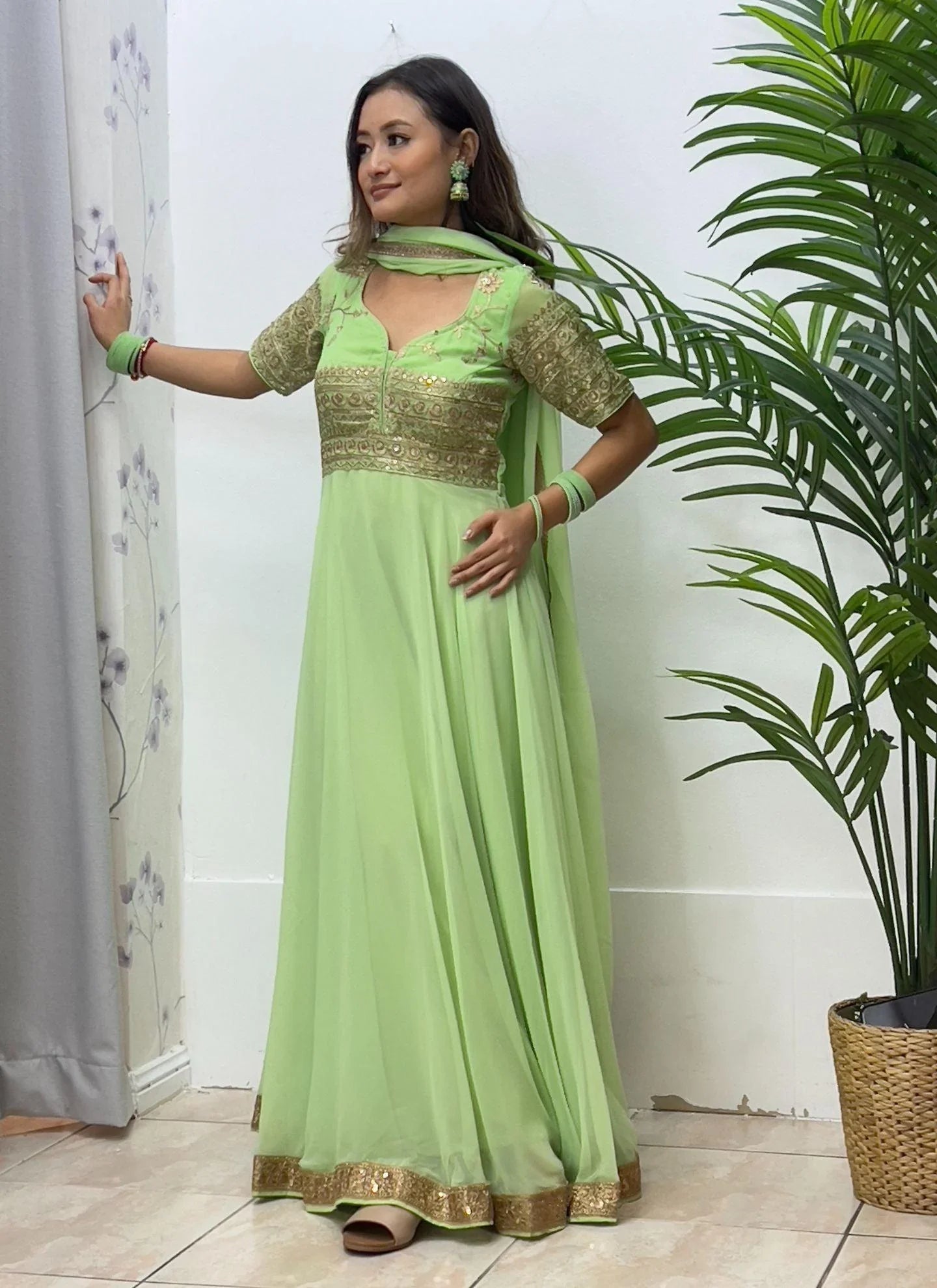 Anarkali Gown In Mint Color - Boutique Nepal