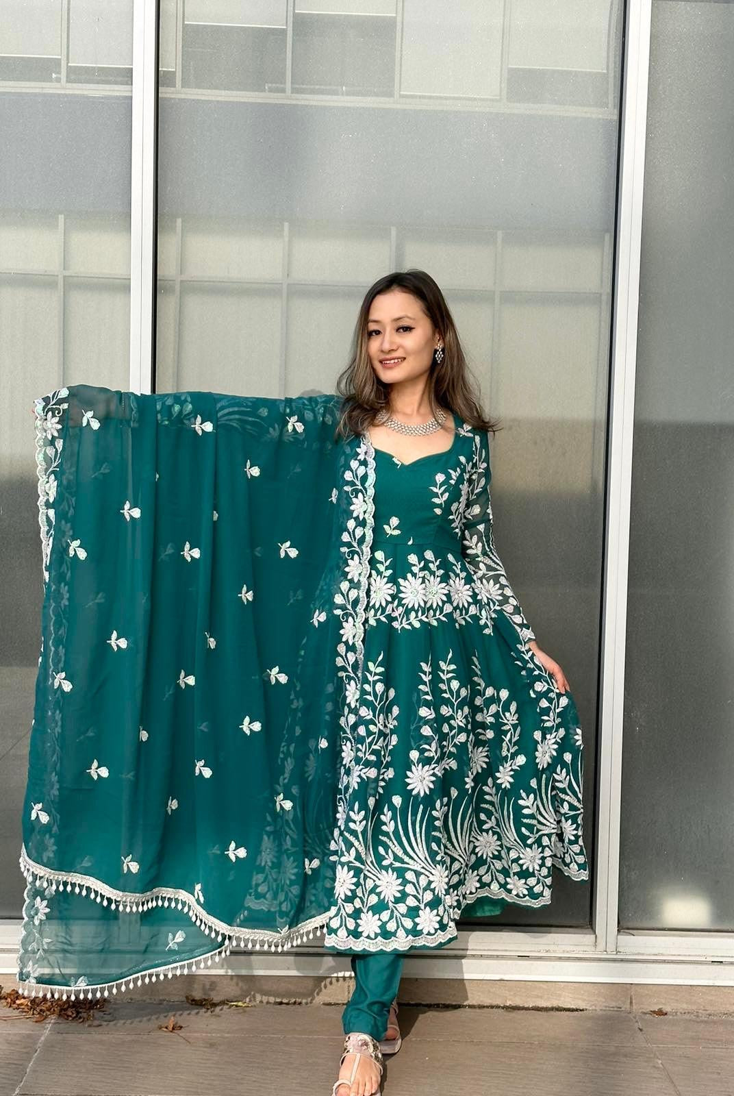 Anarkali Kurta Set In Green - Boutique Nepal