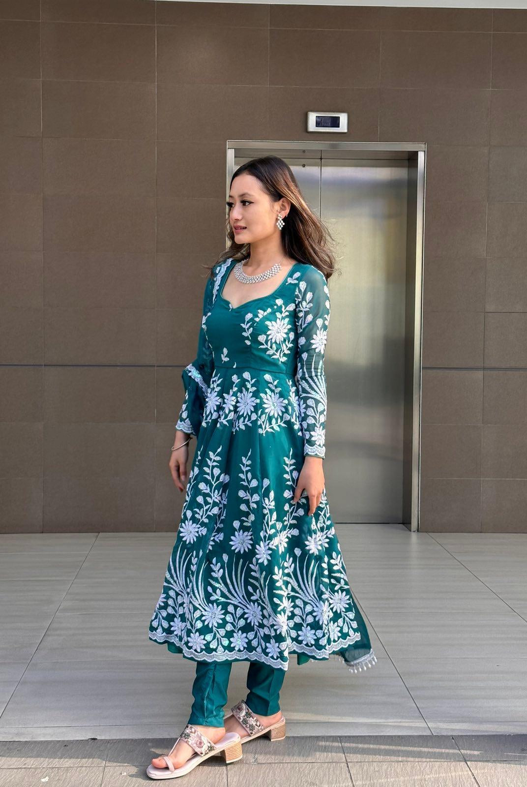 Anarkali Kurta Set In Green - Boutique Nepal