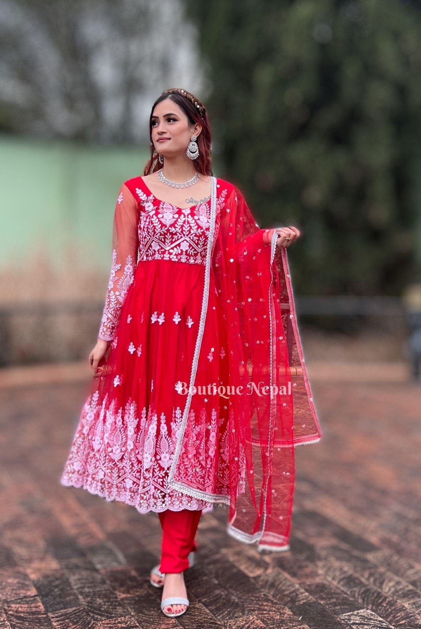 Anarkali Kurta Set In Red - Boutique Nepal
