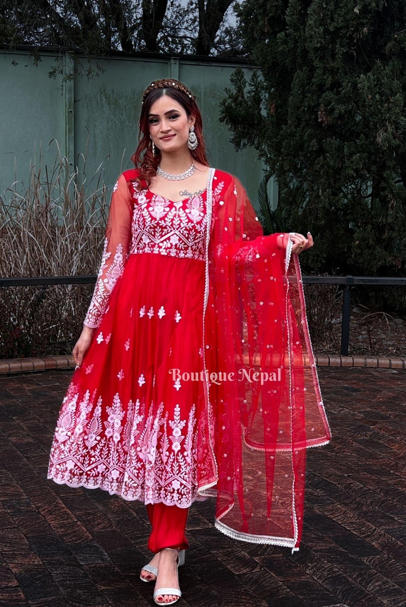 Anarkali Kurta Set In Red - Boutique Nepal
