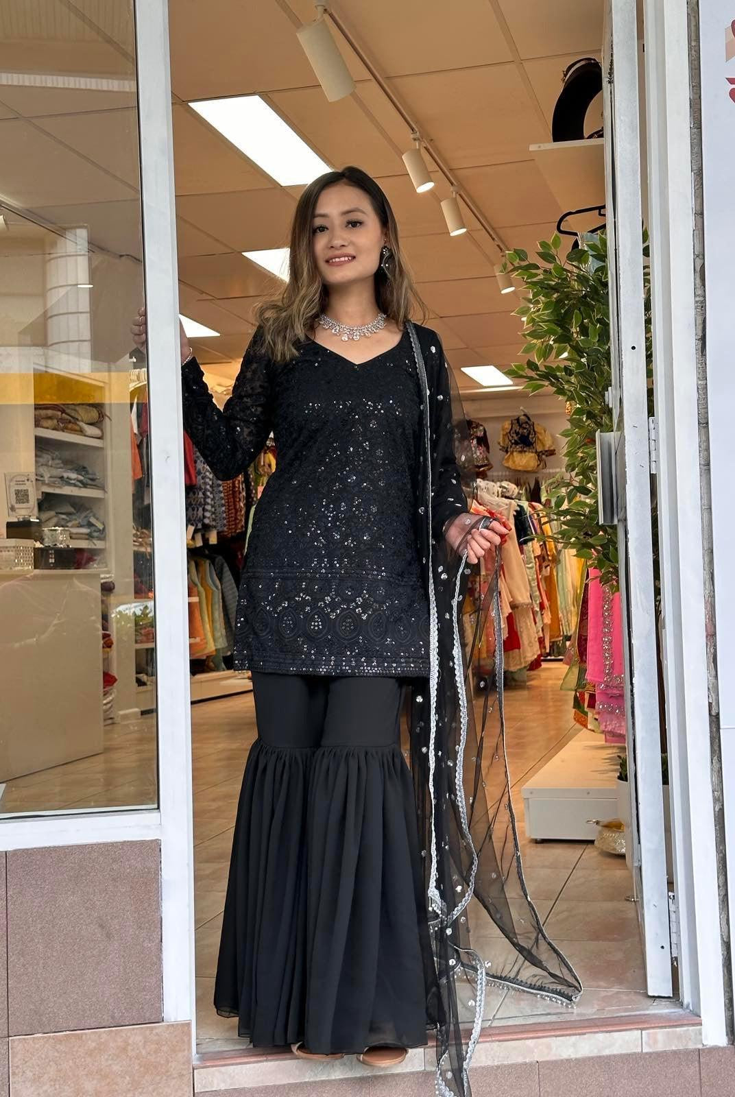 Black Designer Kurthi Plazo Set - Boutique Nepal