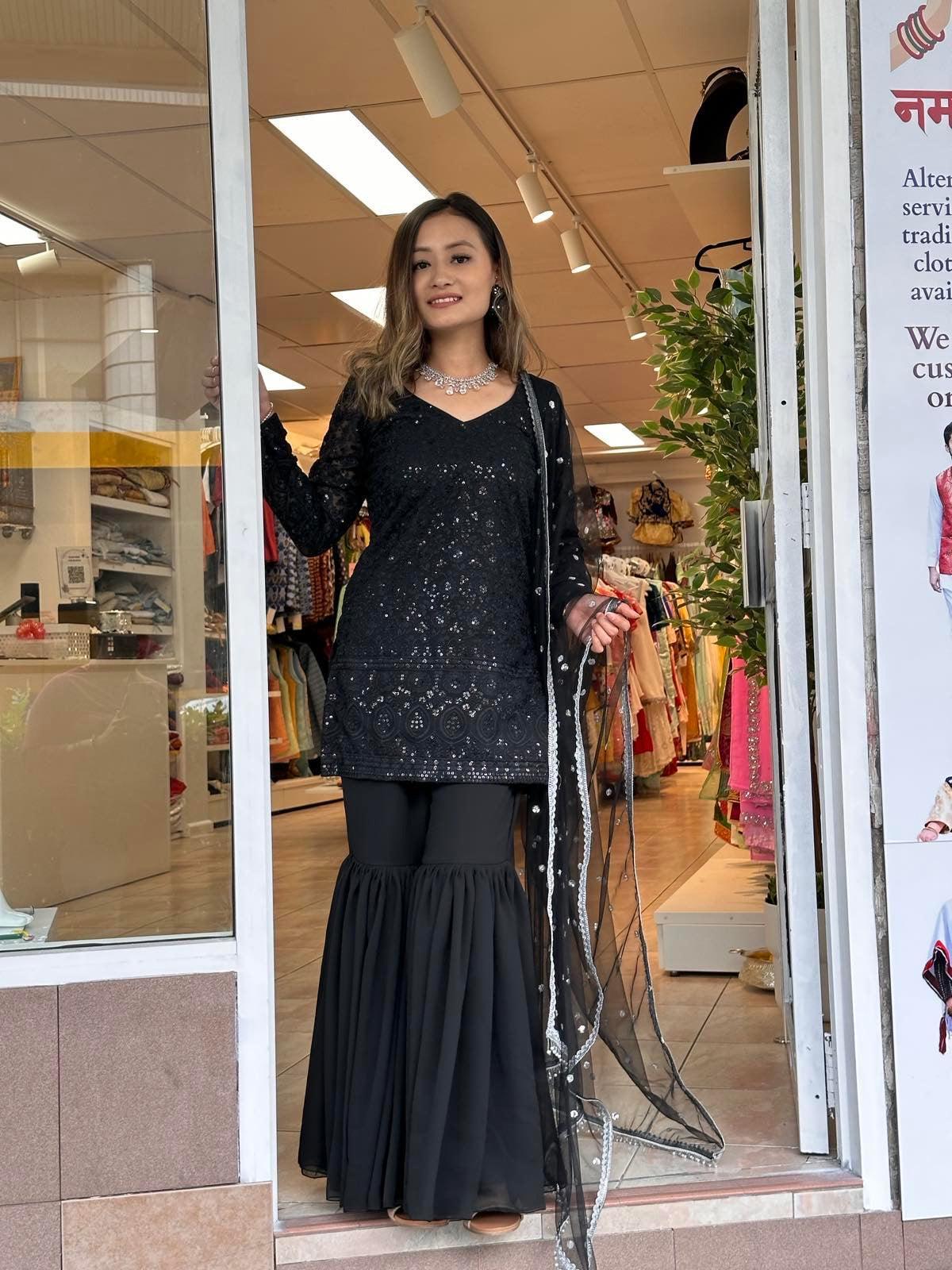 Black Designer Kurthi Plazo Set - Boutique Nepal