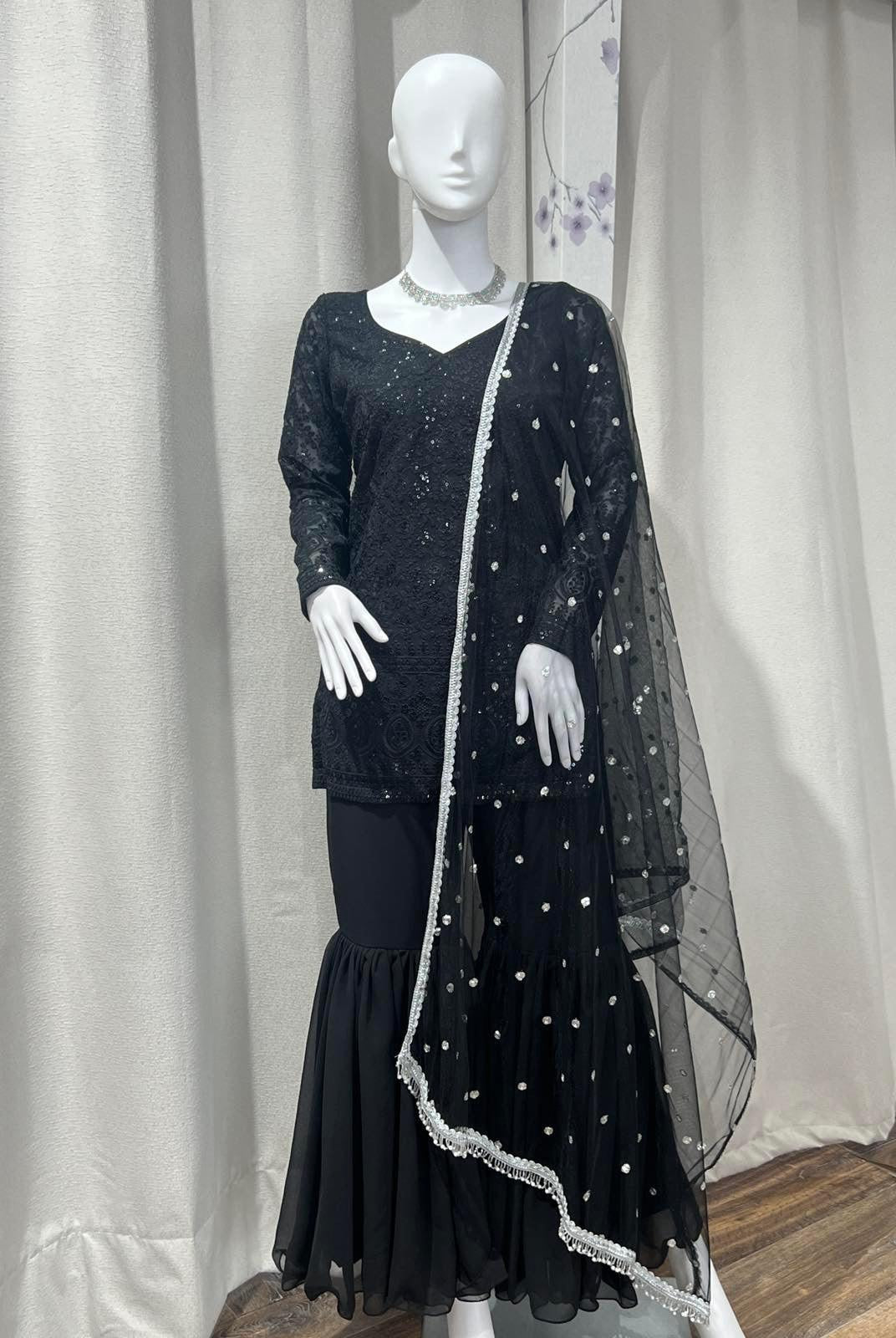 Black Designer Kurthi Plazo Set - Boutique Nepal
