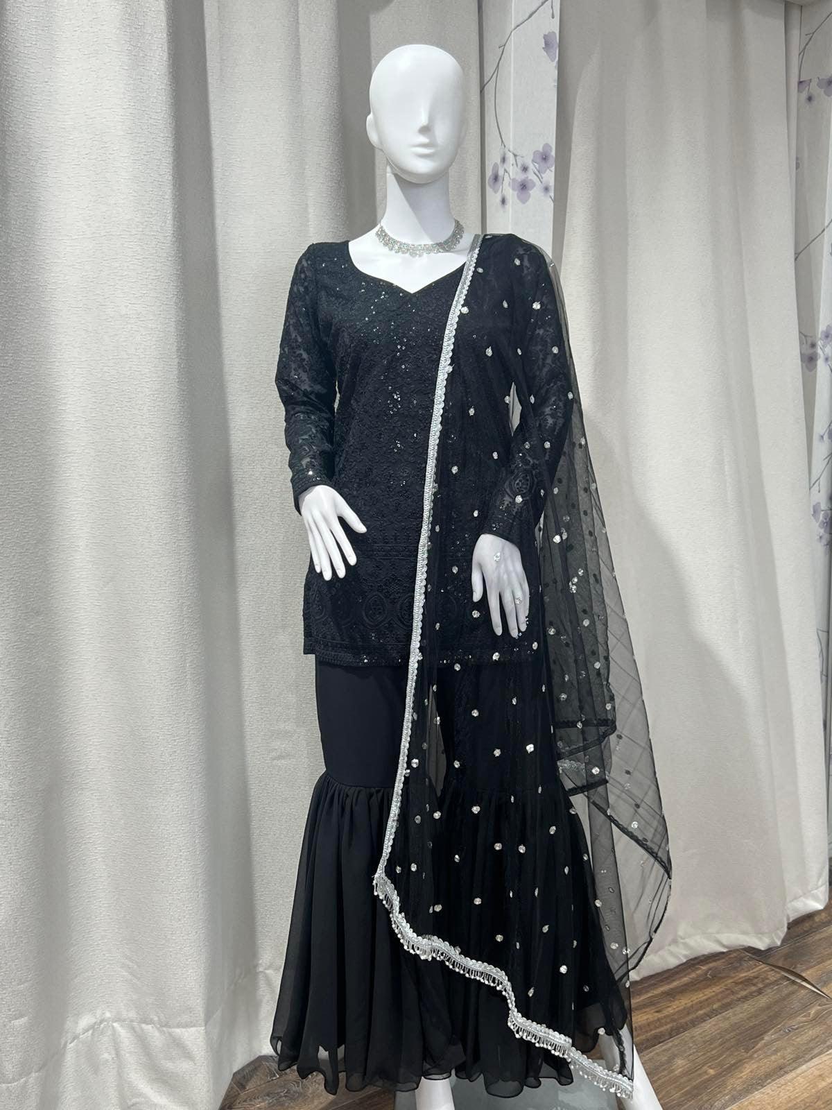 Black Designer Kurthi Plazo Set - Boutique Nepal