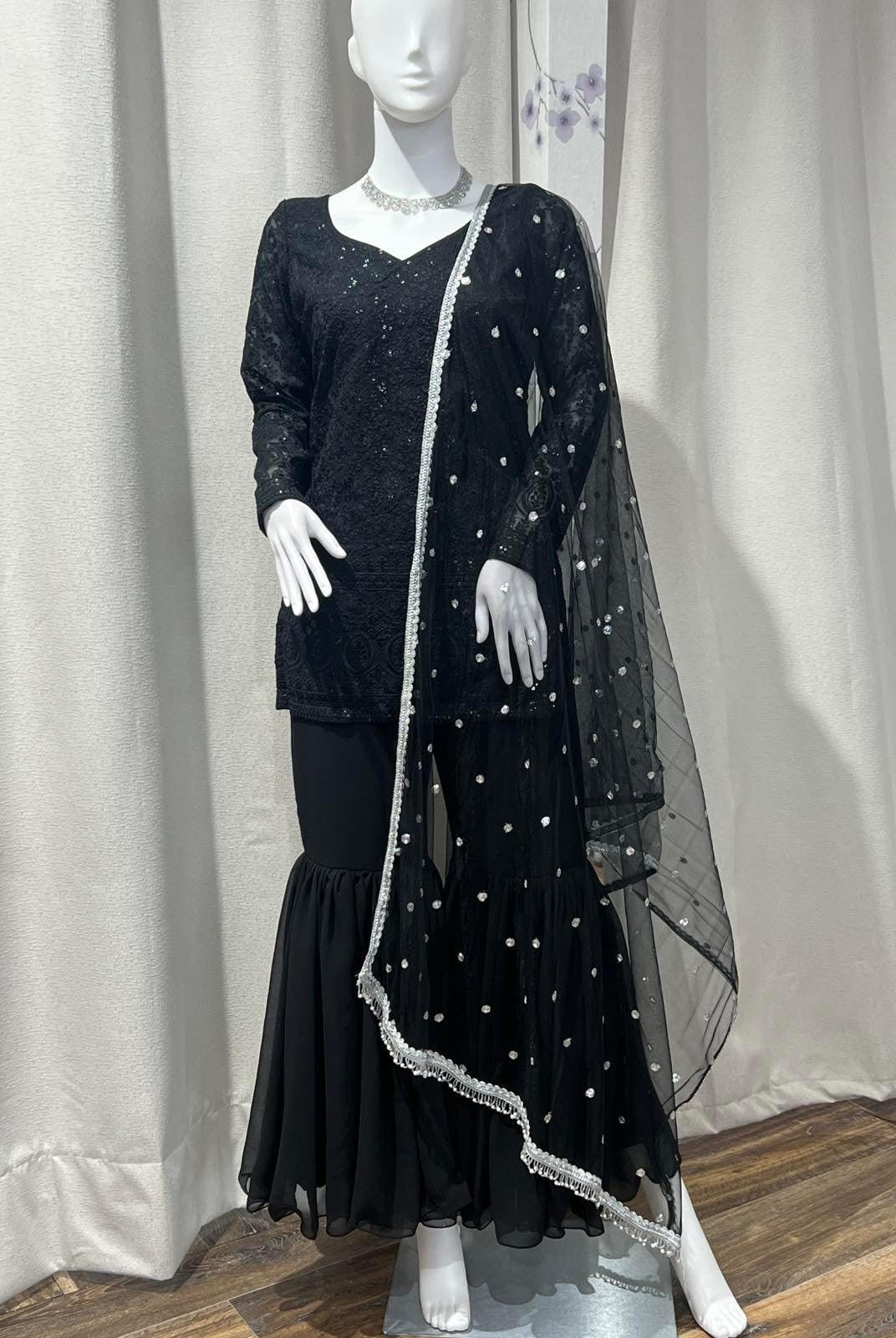 Black Designer Kurthi Plazo Set - Boutique Nepal