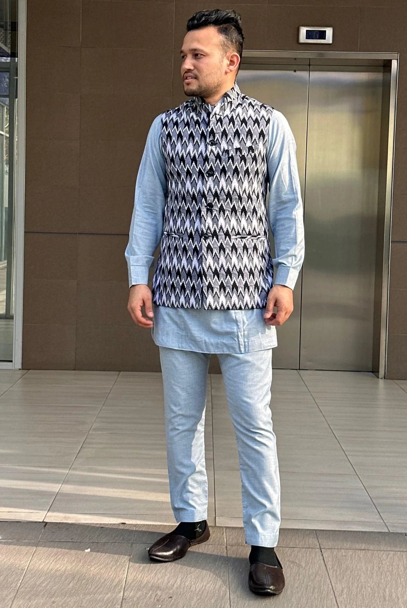 Black Dhaka Print Waistcoat With Topi - Boutique Nepal