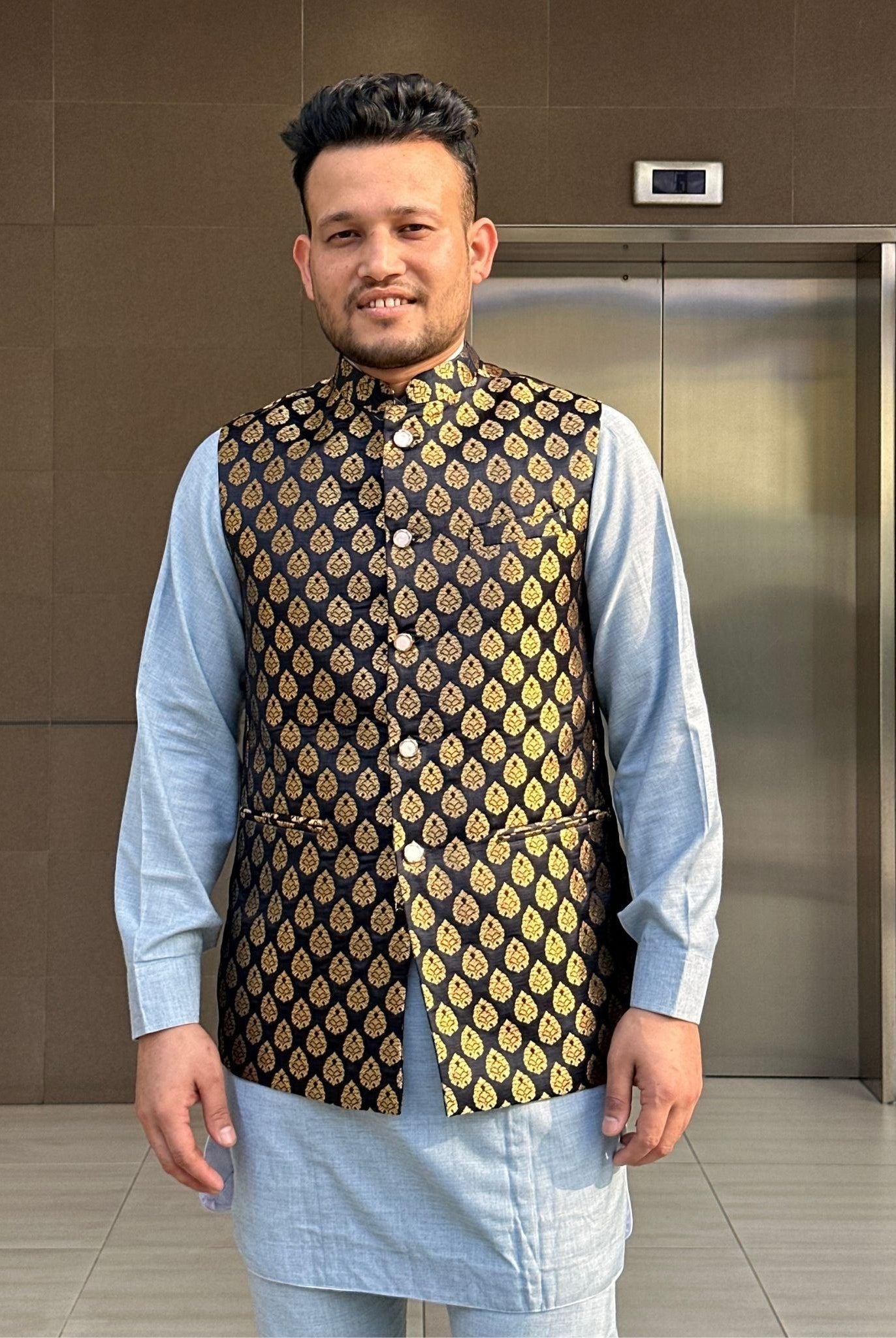 Black Waistcoat with Golden Pattern - Boutique Nepal