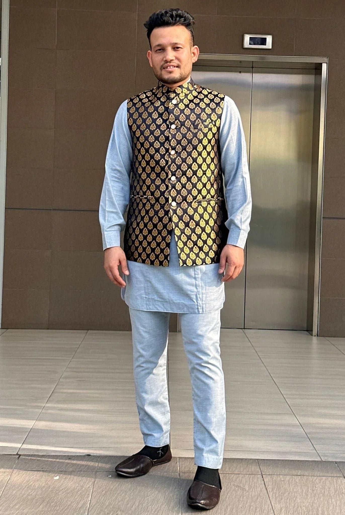 Black Waistcoat with Golden Pattern - Boutique Nepal