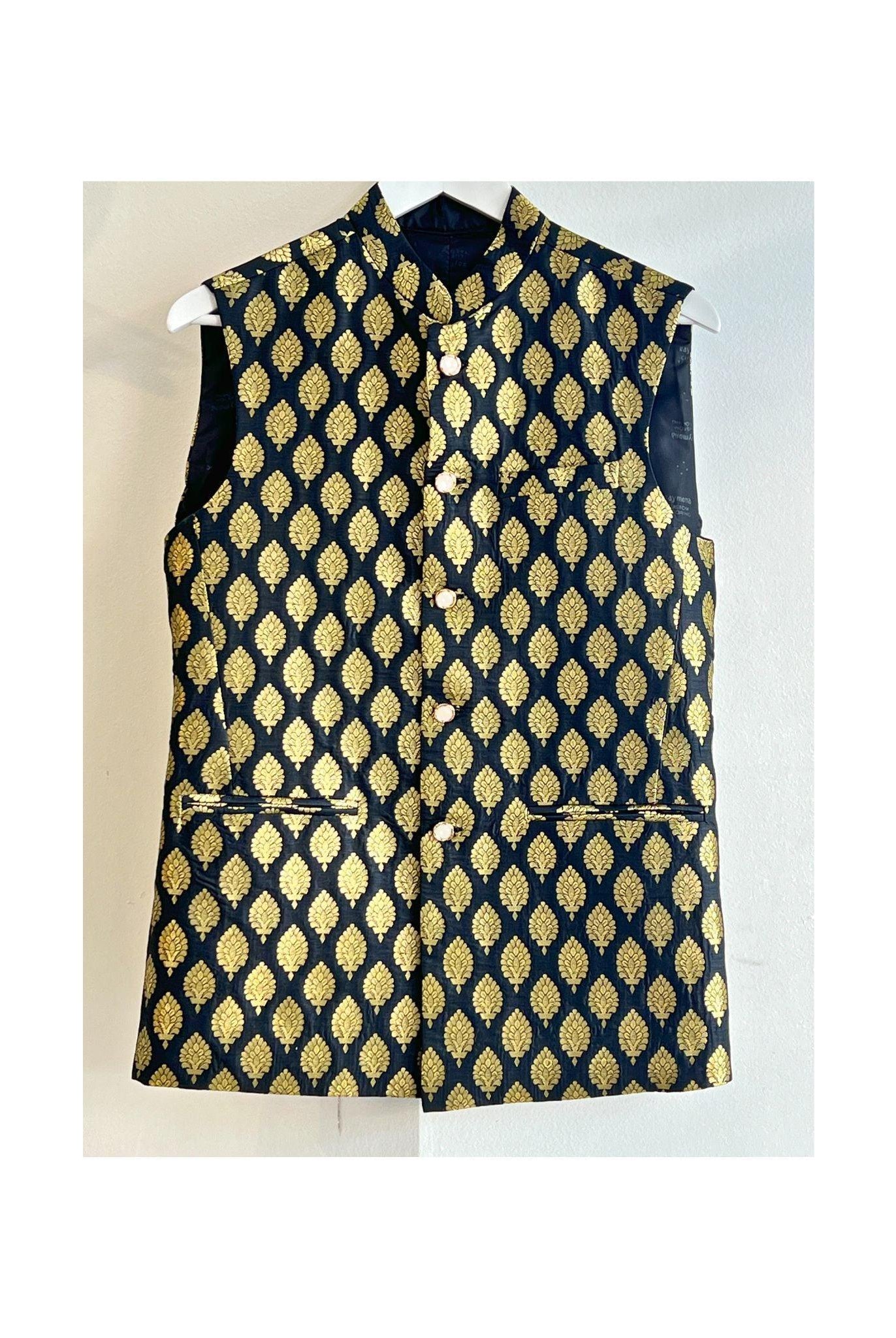 Black Waistcoat with Golden Pattern - Boutique Nepal