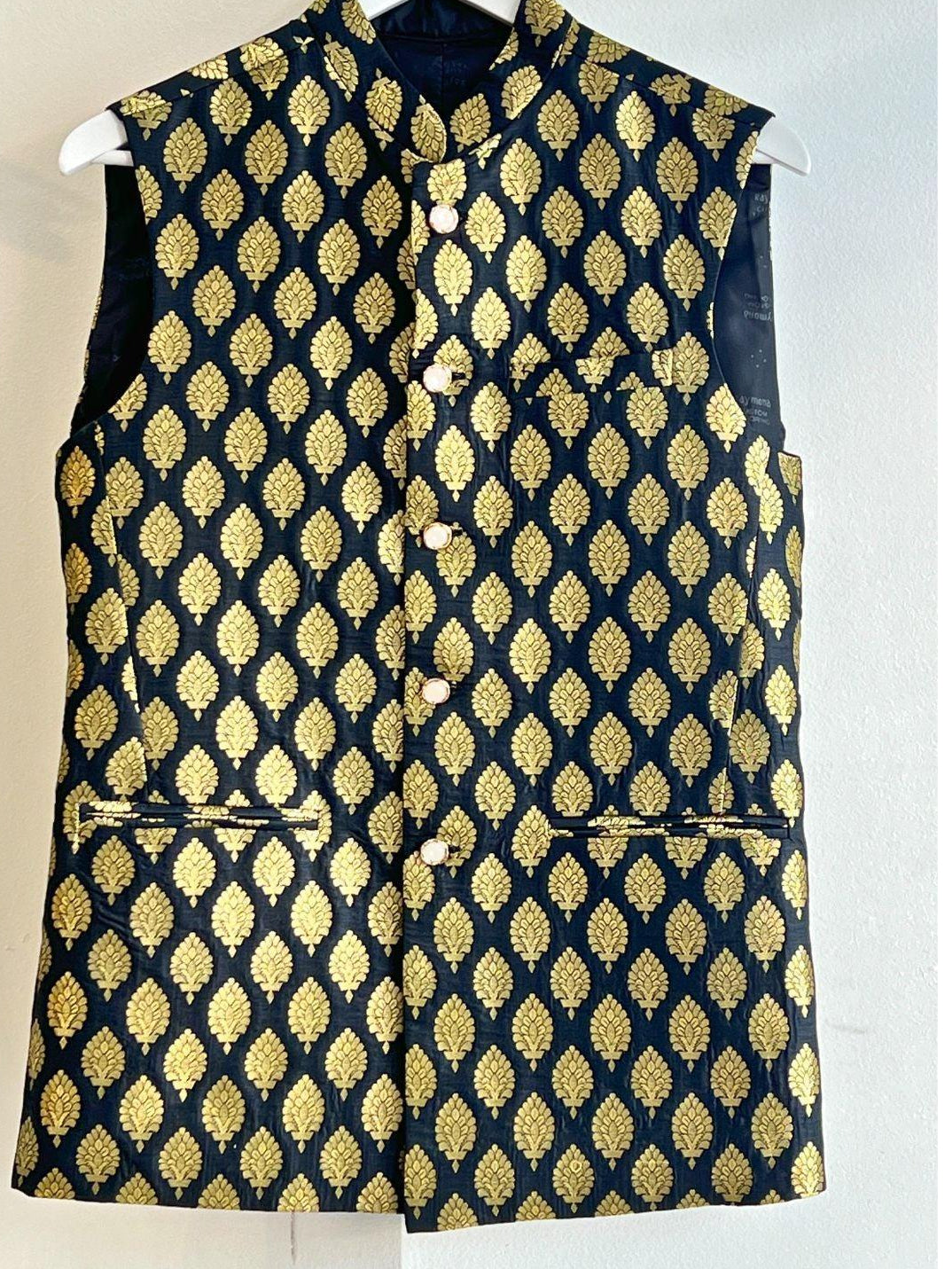 Black Waistcoat with Golden Pattern - Boutique Nepal