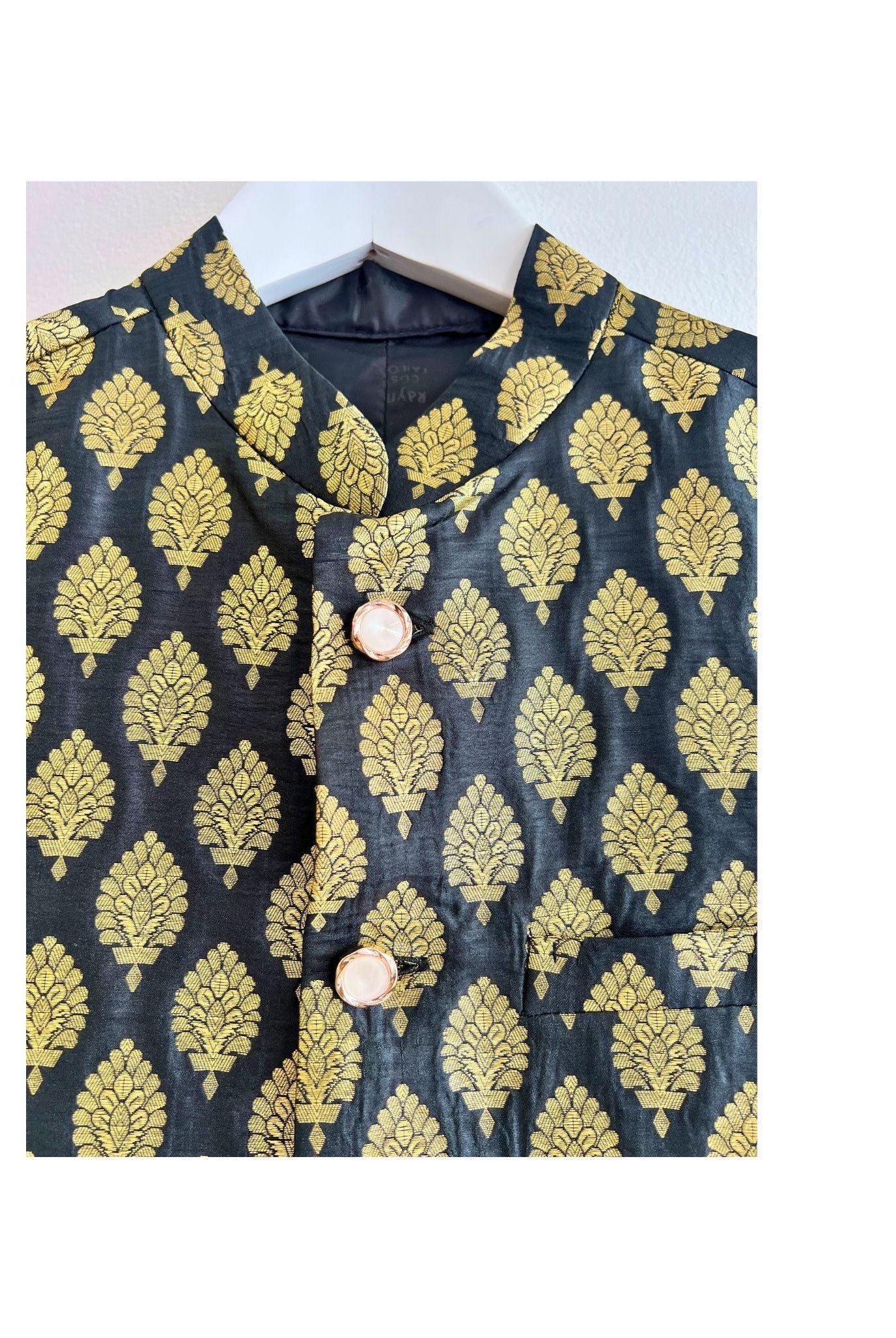 Black Waistcoat with Golden Pattern - Boutique Nepal