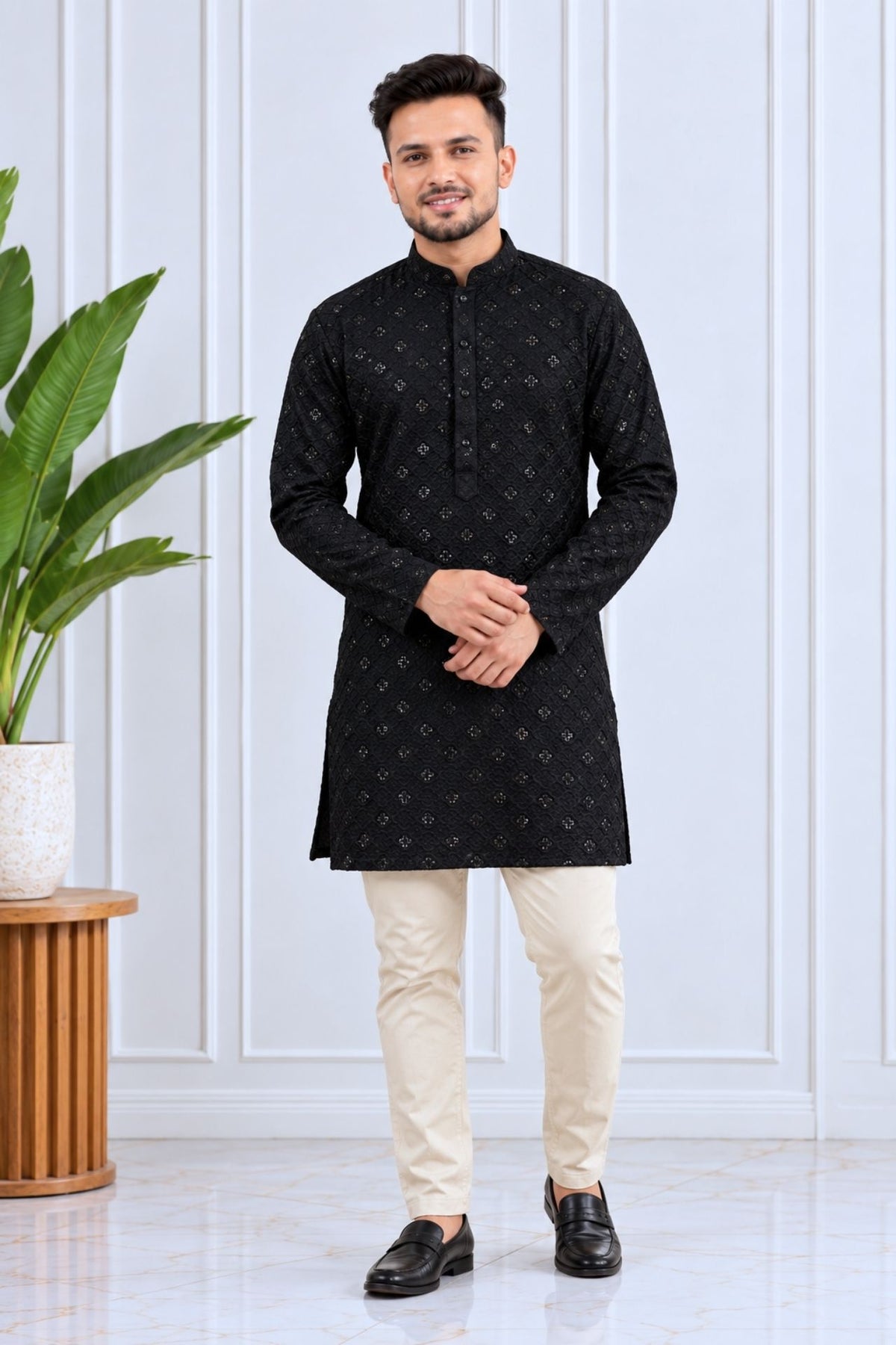 black Men's Short Kurta Chikankari Work In Rayon