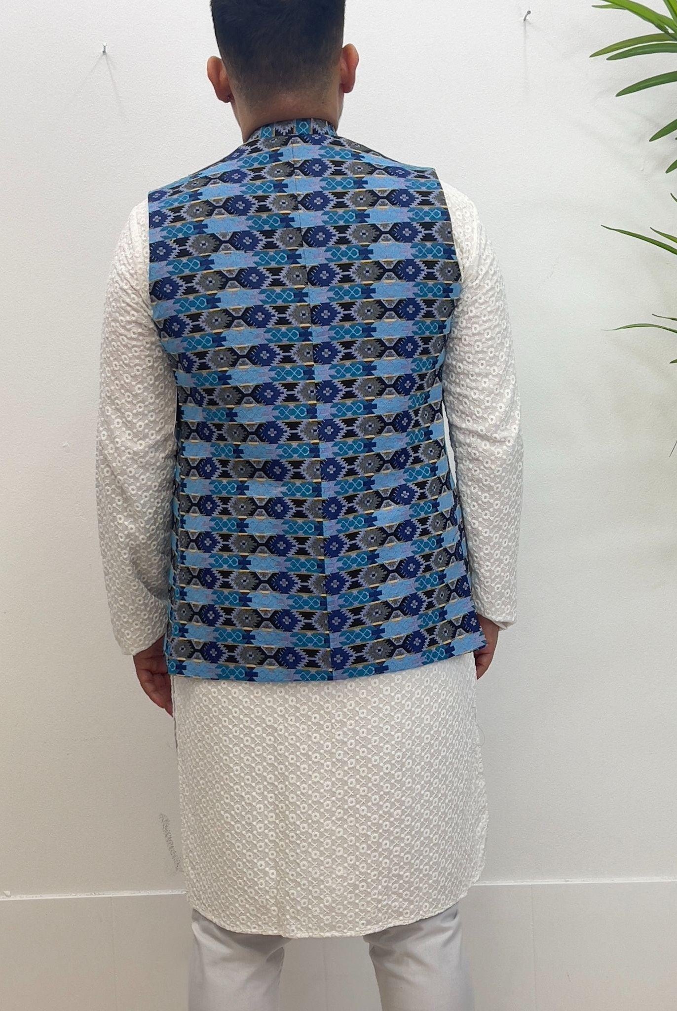 Blue Dhaka Inspired Waistcoat With Topi - Boutique Nepal