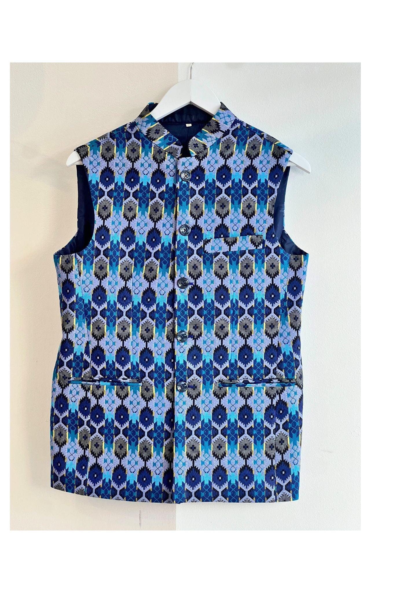 Blue Dhaka Inspired Waistcoat With Topi - Boutique Nepal