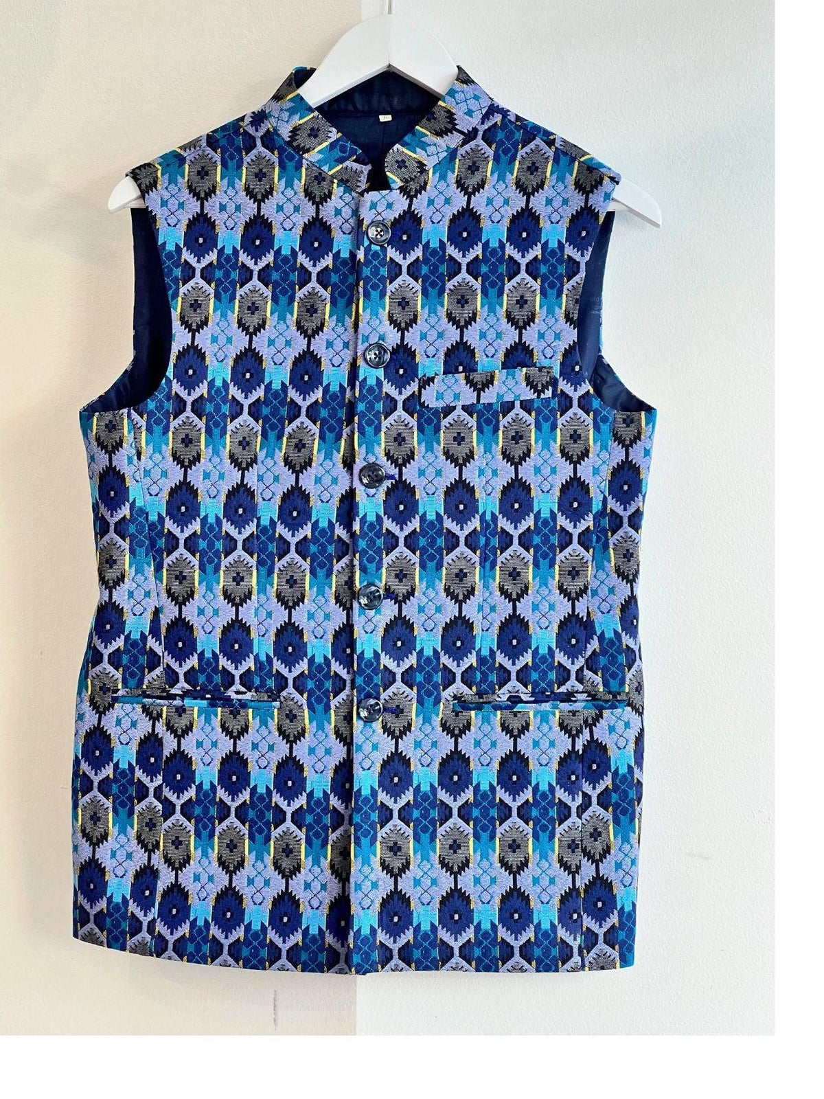 Blue Dhaka Inspired Waistcoat With Topi - Boutique Nepal