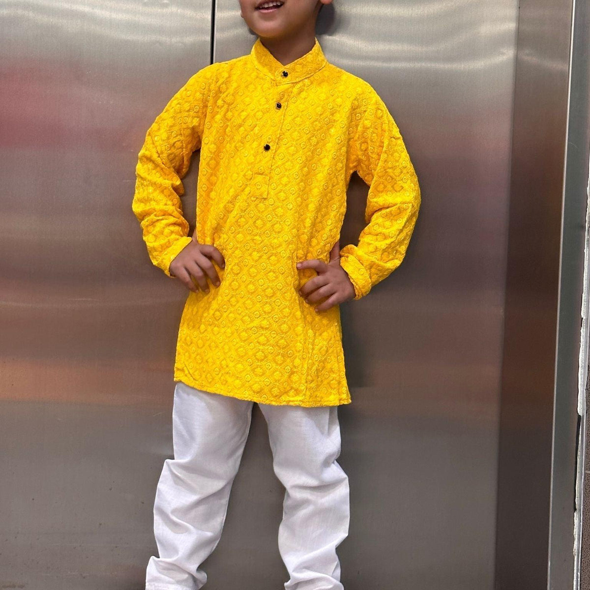 Yellow Boys Chikankari Sequined Work Kurta Pajama