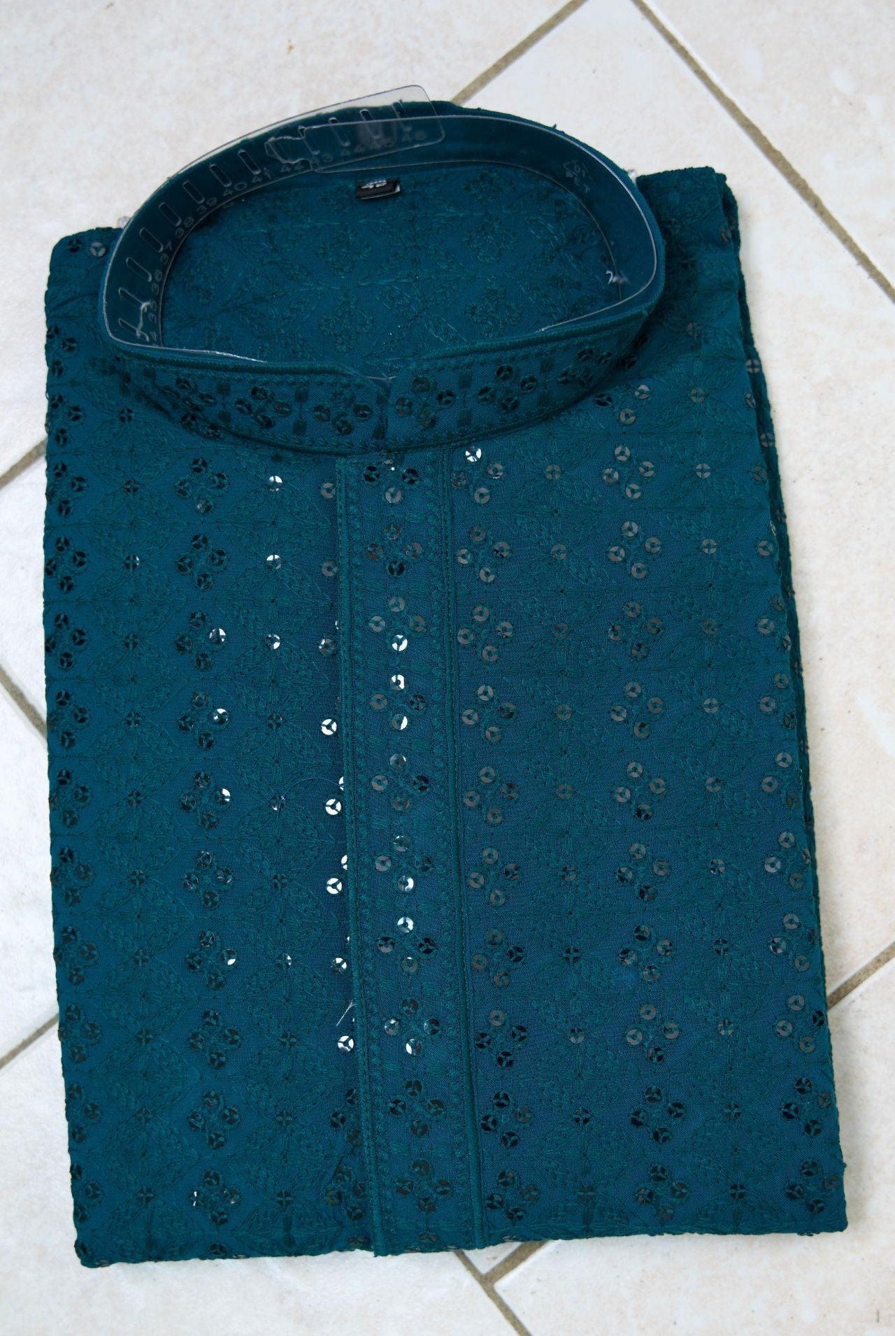 Chikankari Mens Kurta Set In Peacock Blue - Boutique Nepal