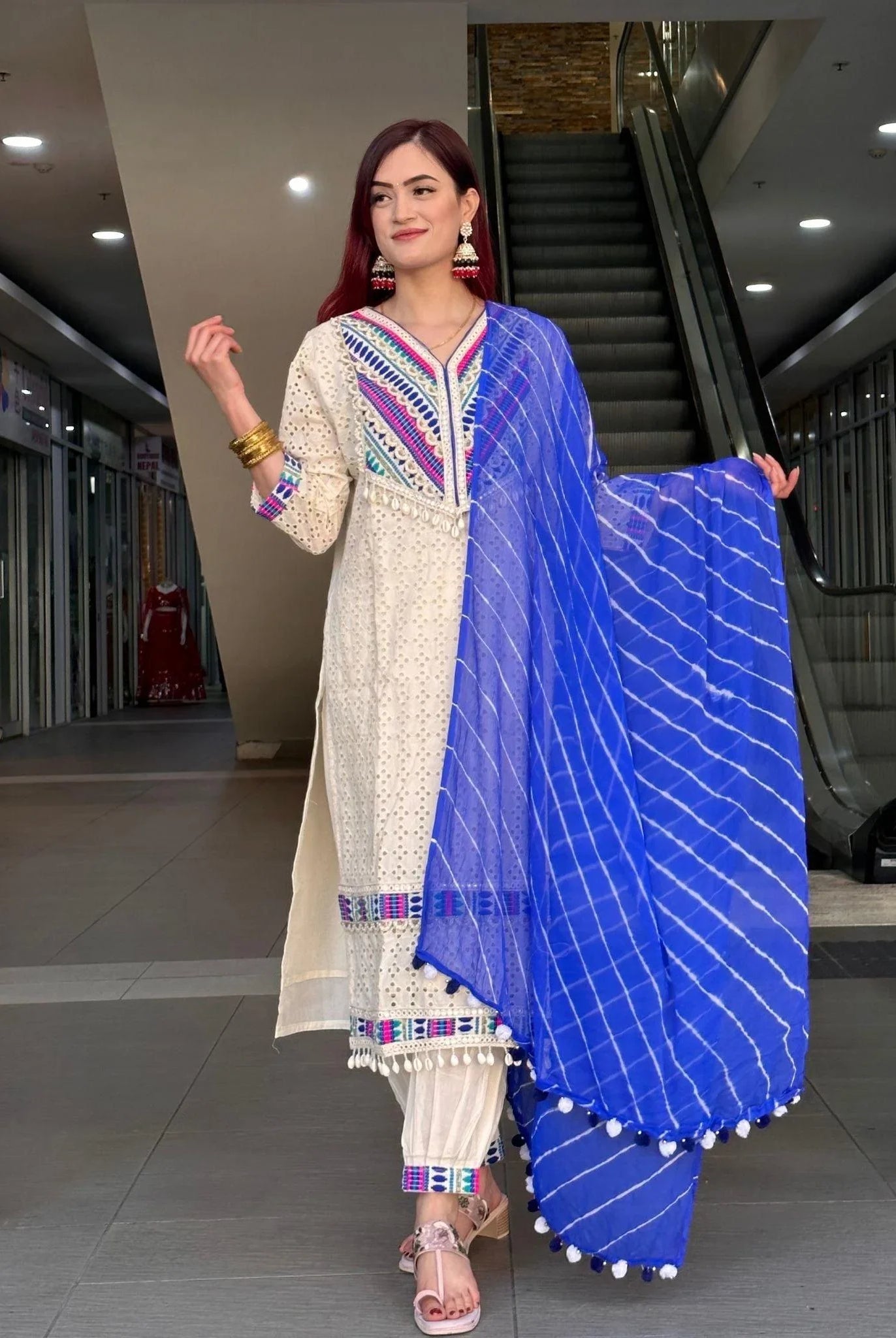 Cream Heavy Thread Embroided Kurta Set - Boutique Nepal Australia