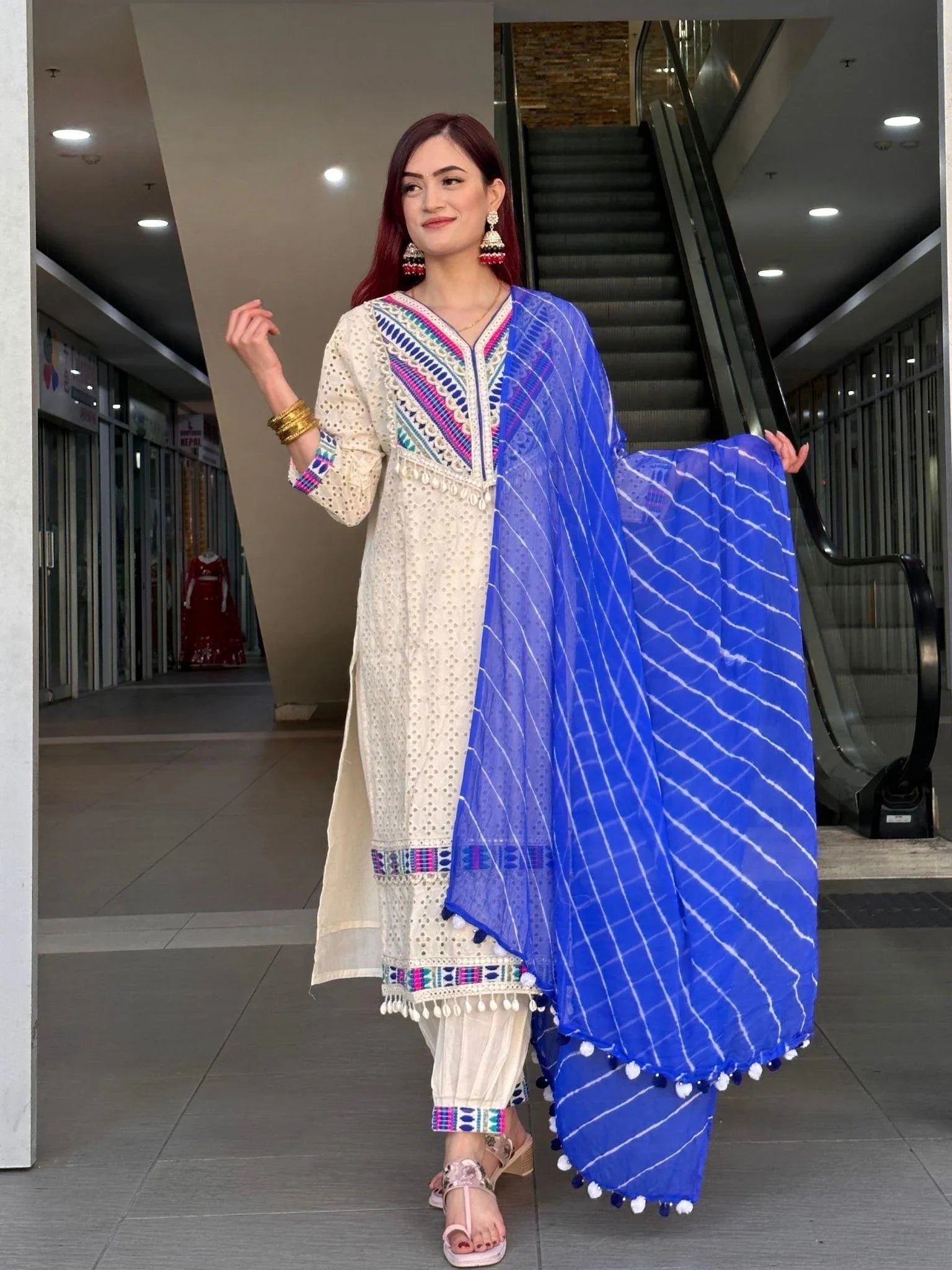 Cream Heavy Thread Embroided Kurta Set - Boutique Nepal Australia