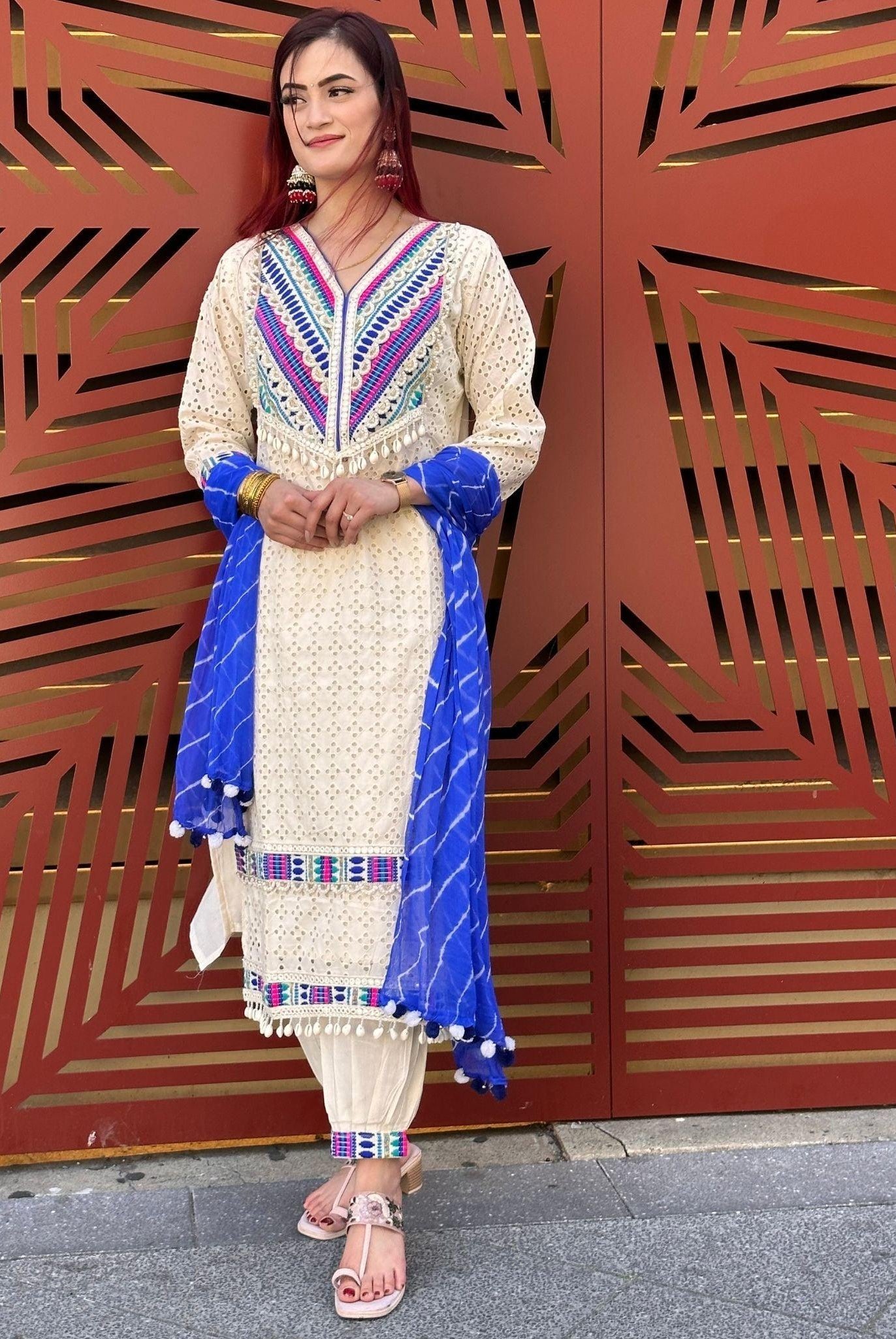 Cream Heavy Thread Embroided Kurta Set - Boutique Nepal Australia