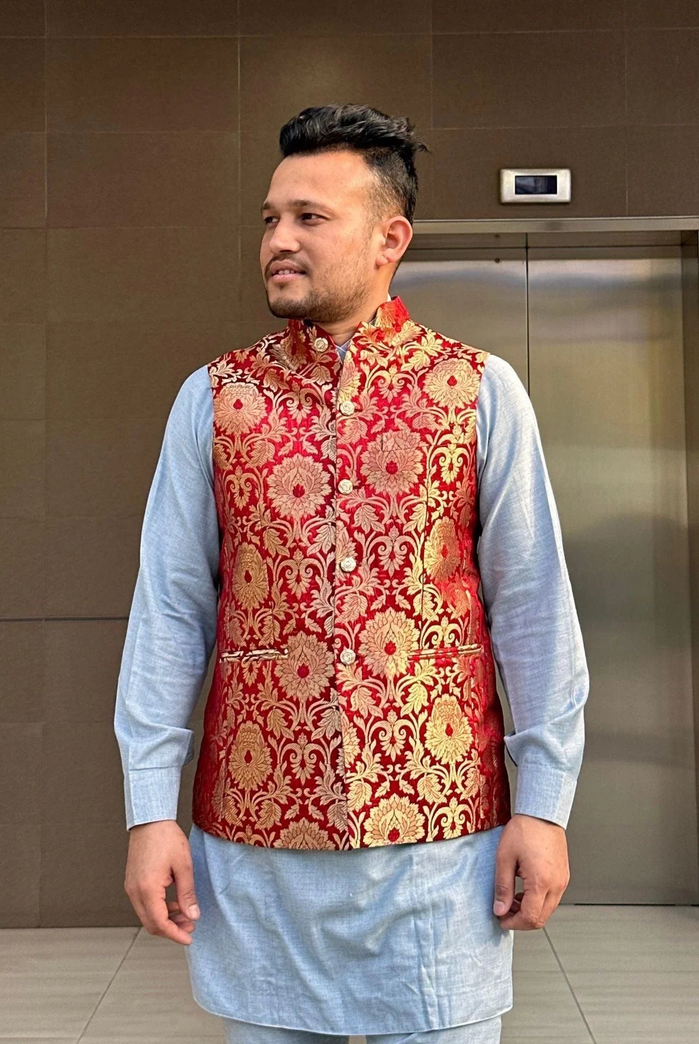 Dark Red Nehru Jacket Waistcoat - Boutique Nepal