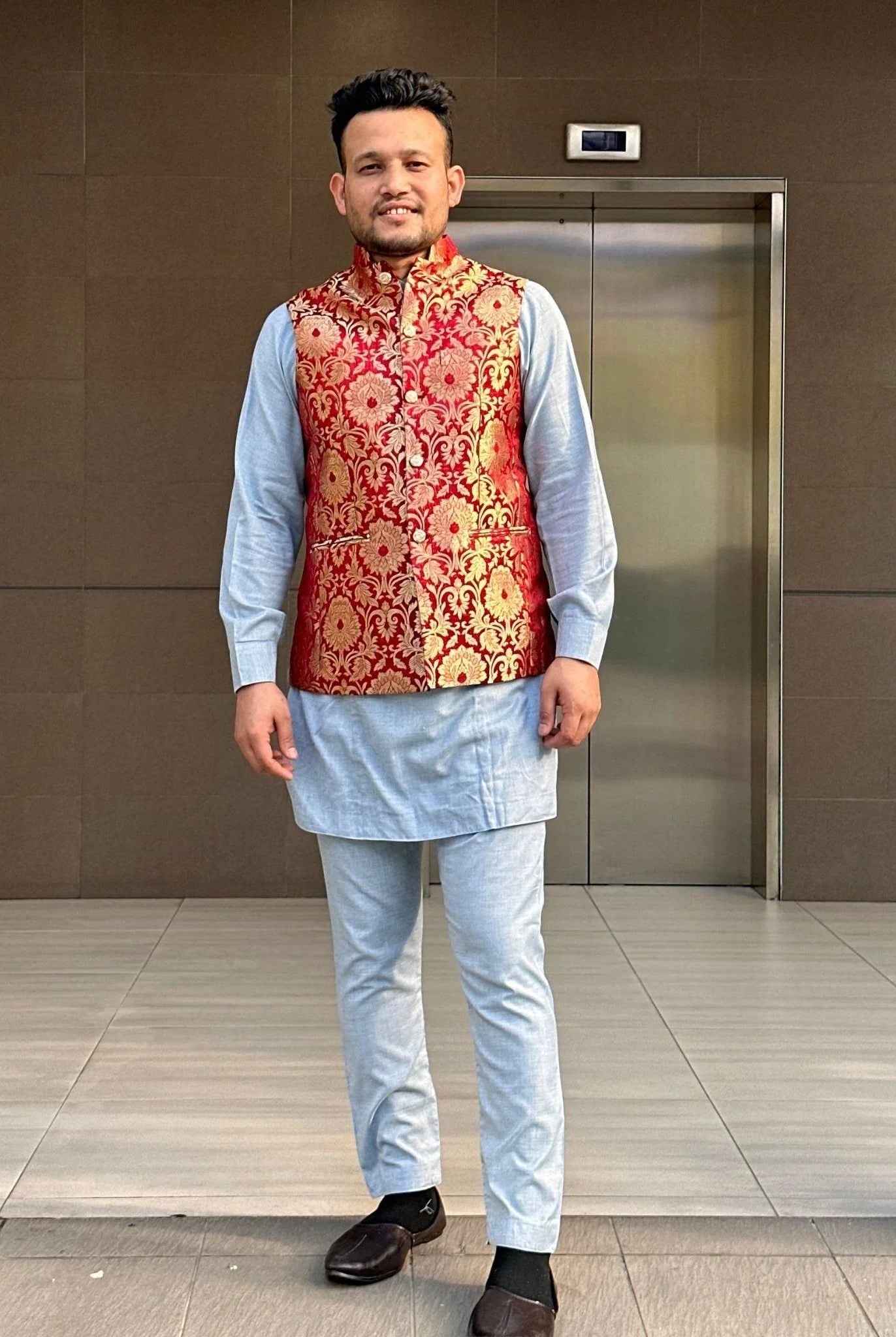 Dark Red Nehru Jacket Waistcoat - Boutique Nepal