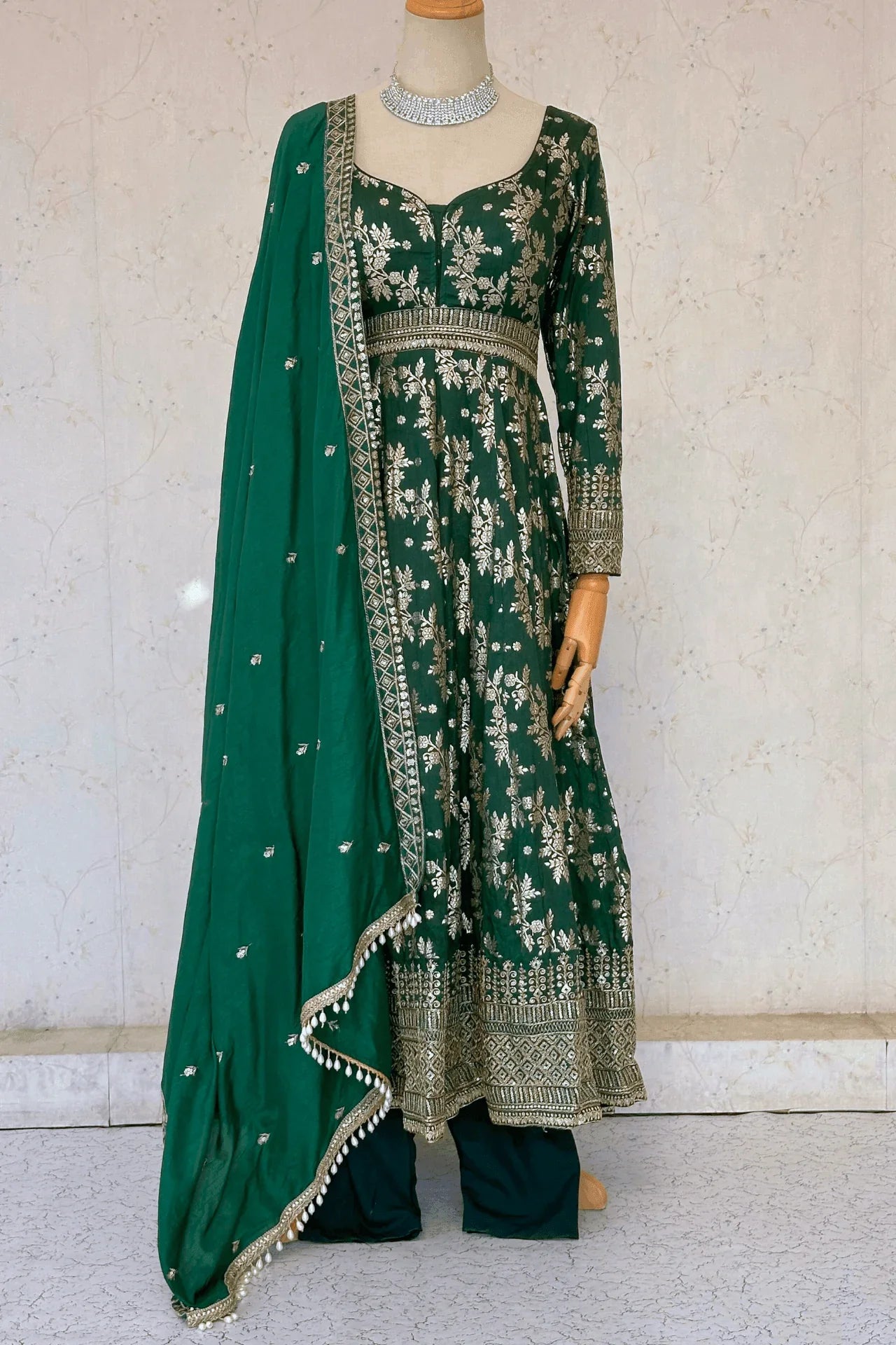 Darkgreen Dolasilk Anarkali Set - Boutique Nepal