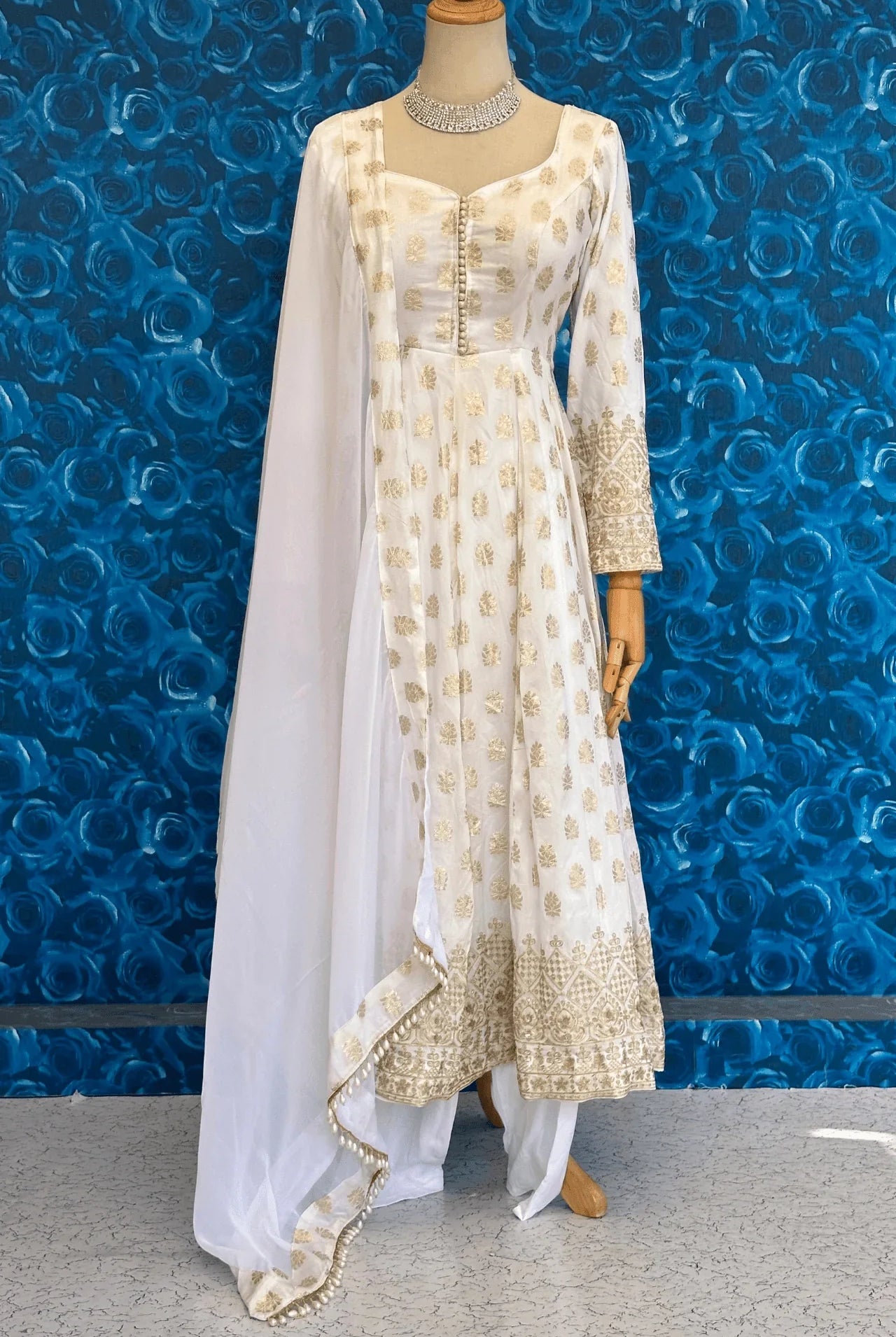 DolaSilk White and Gold Zari Work Anarkali Set - Boutique Nepal