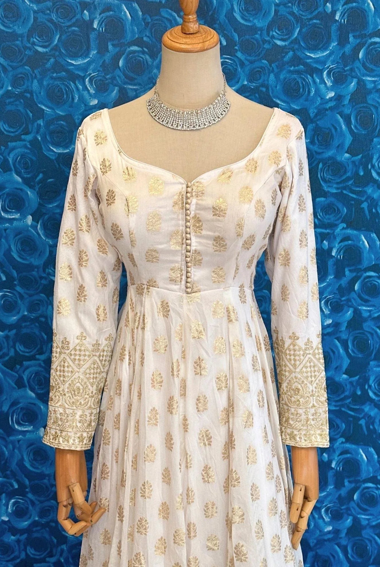 DolaSilk White and Gold Zari Work Anarkali Set - Boutique Nepal