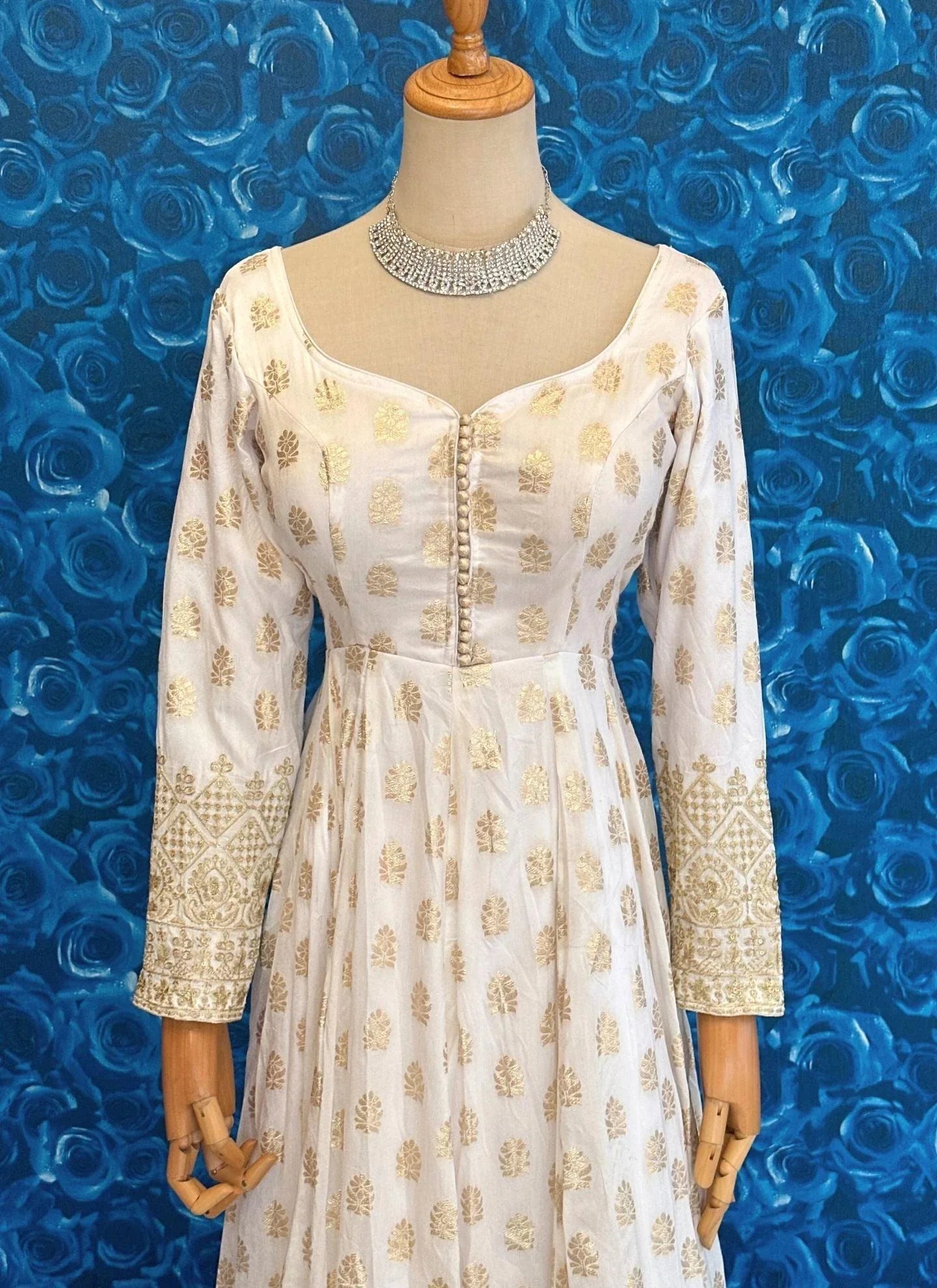 DolaSilk White and Gold Zari Work Anarkali Set - Boutique Nepal