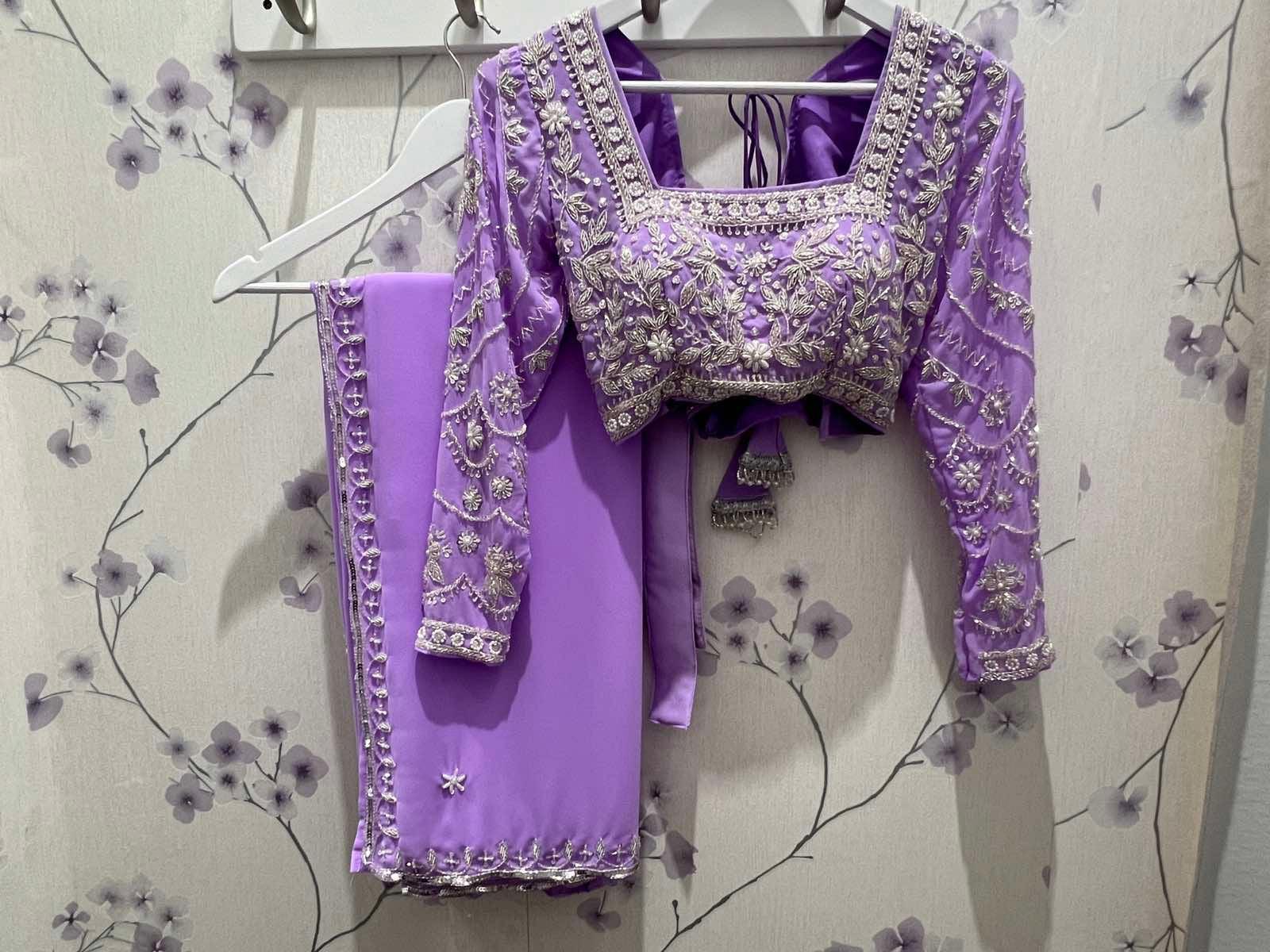 Embroidered Saree Set In Lavender - Boutique Nepal