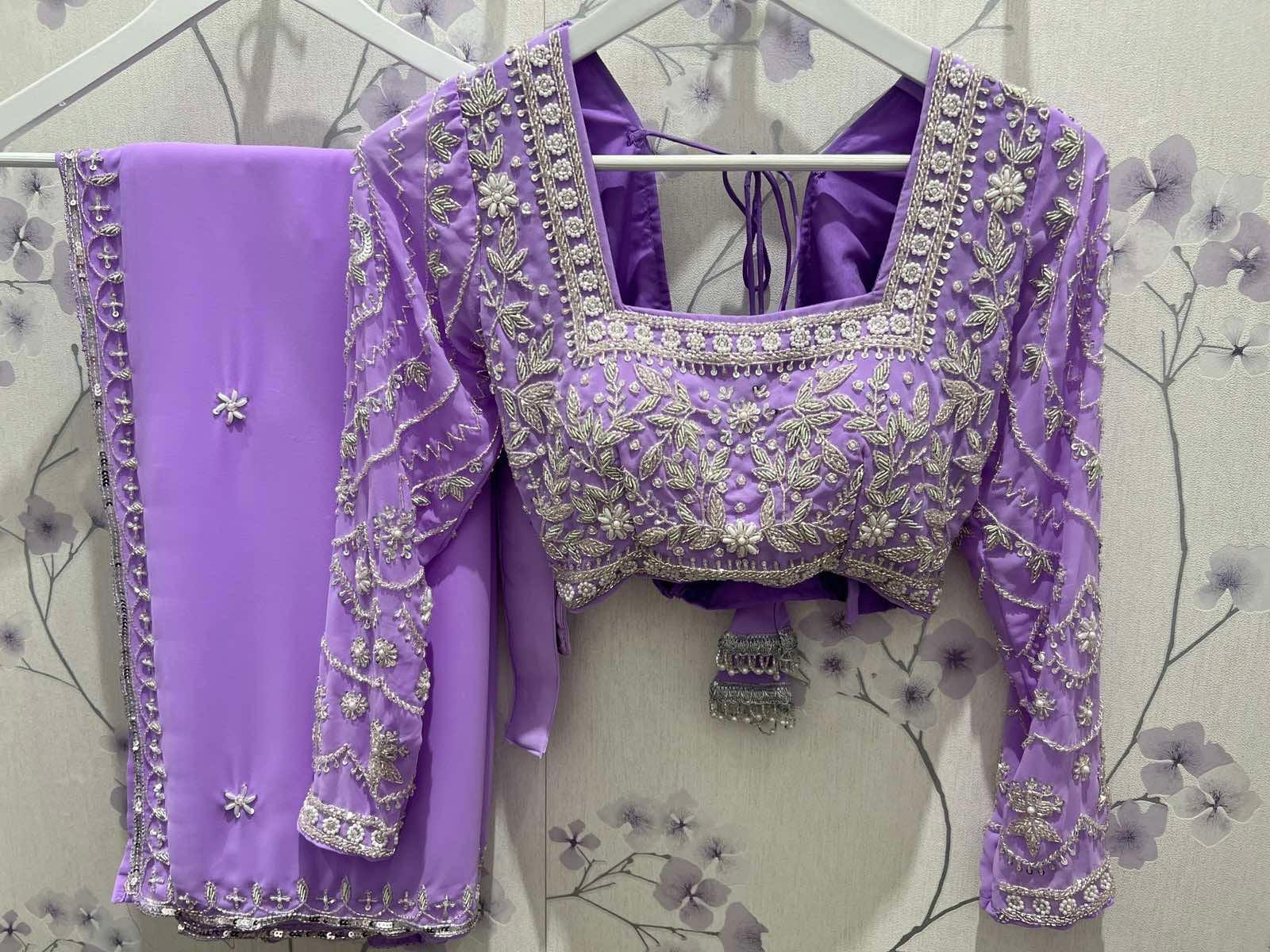 Embroidered Saree Set In Lavender - Boutique Nepal