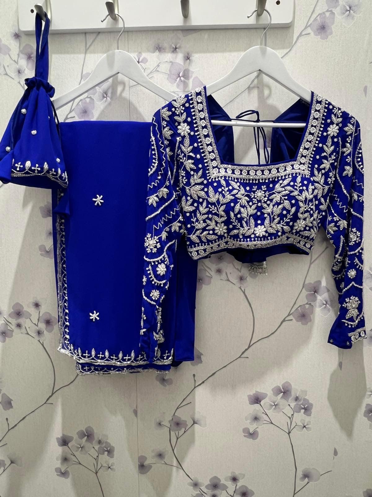 Embroidered Saree Set In Royal Blue - Boutique Nepal