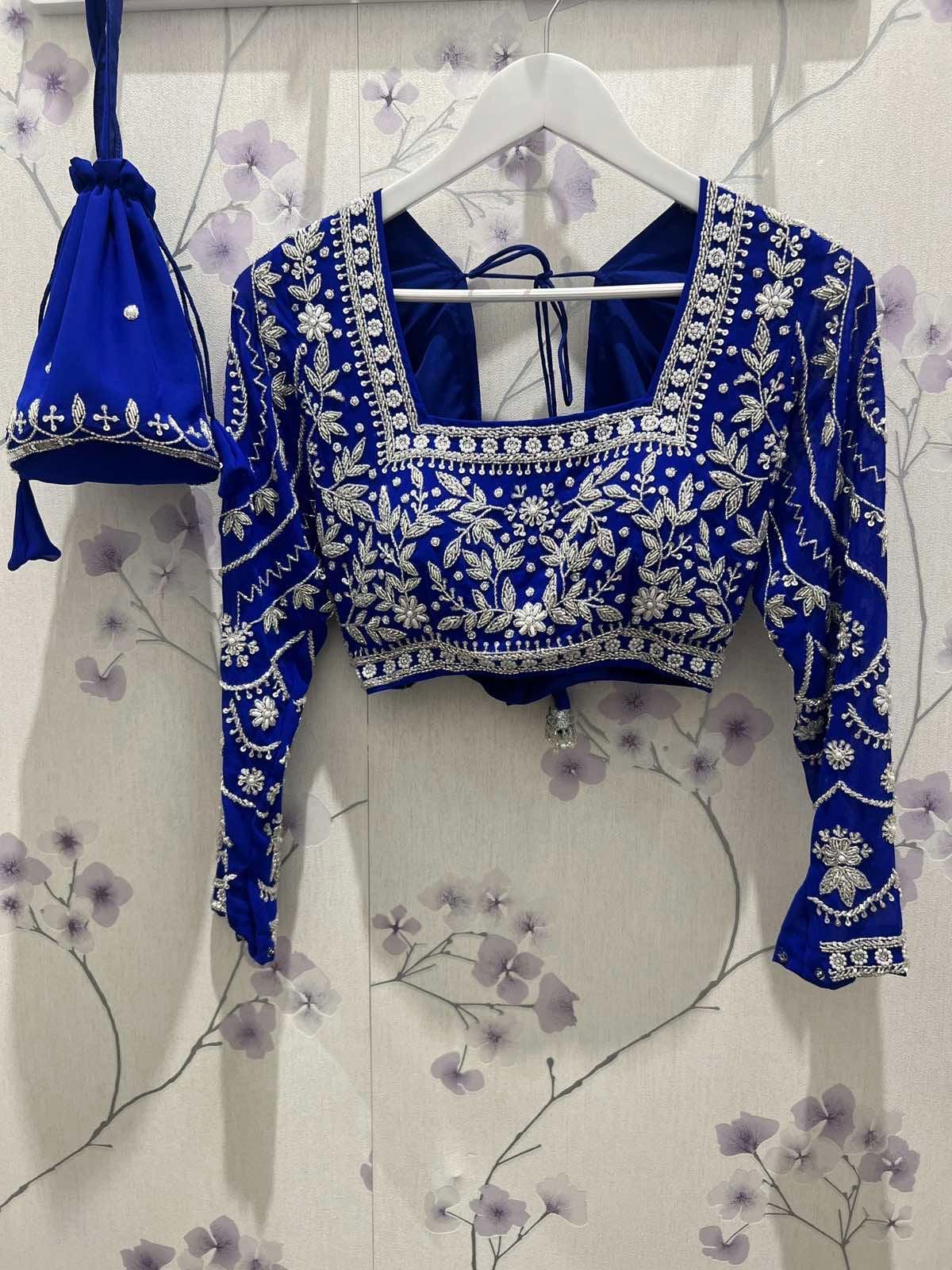 Embroidered Saree Set In Royal Blue - Boutique Nepal