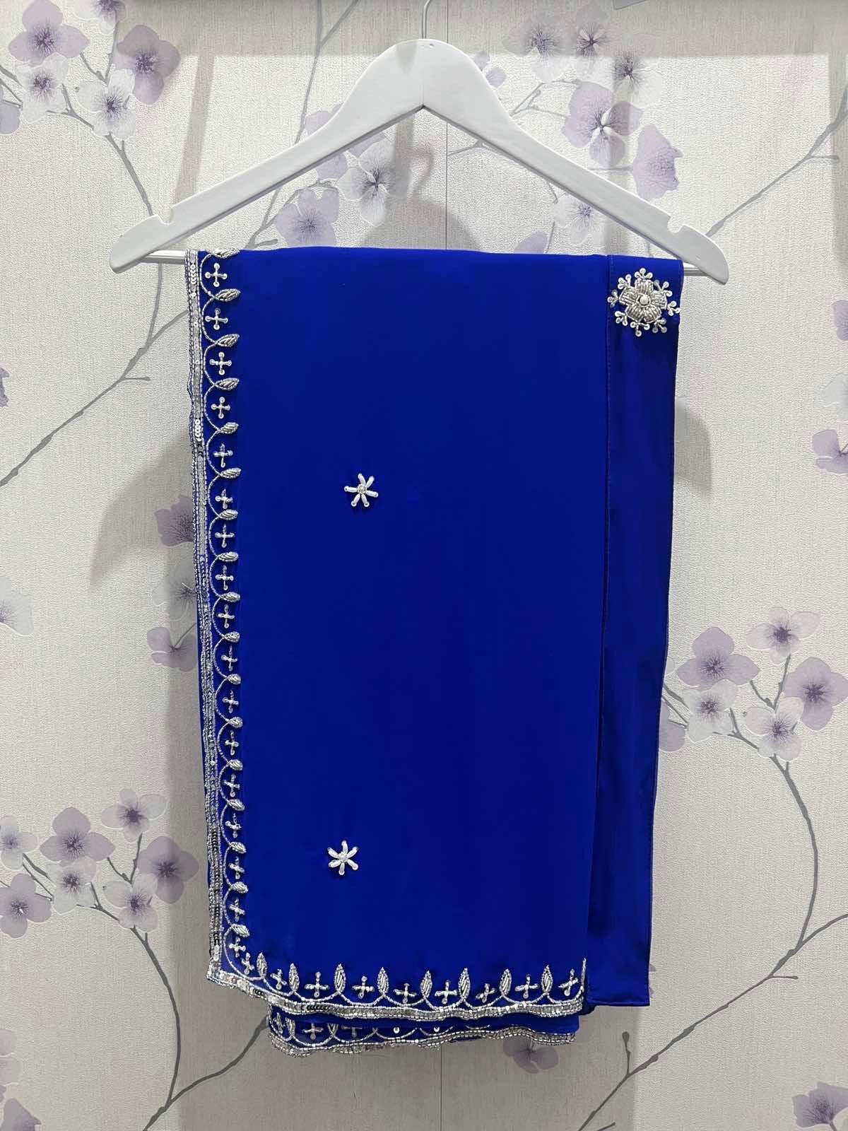 Embroidered Saree Set In Royal Blue - Boutique Nepal
