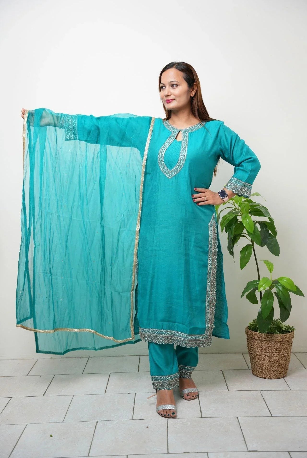 Embroidered Silk Blend Kurta Set - Boutique Nepal