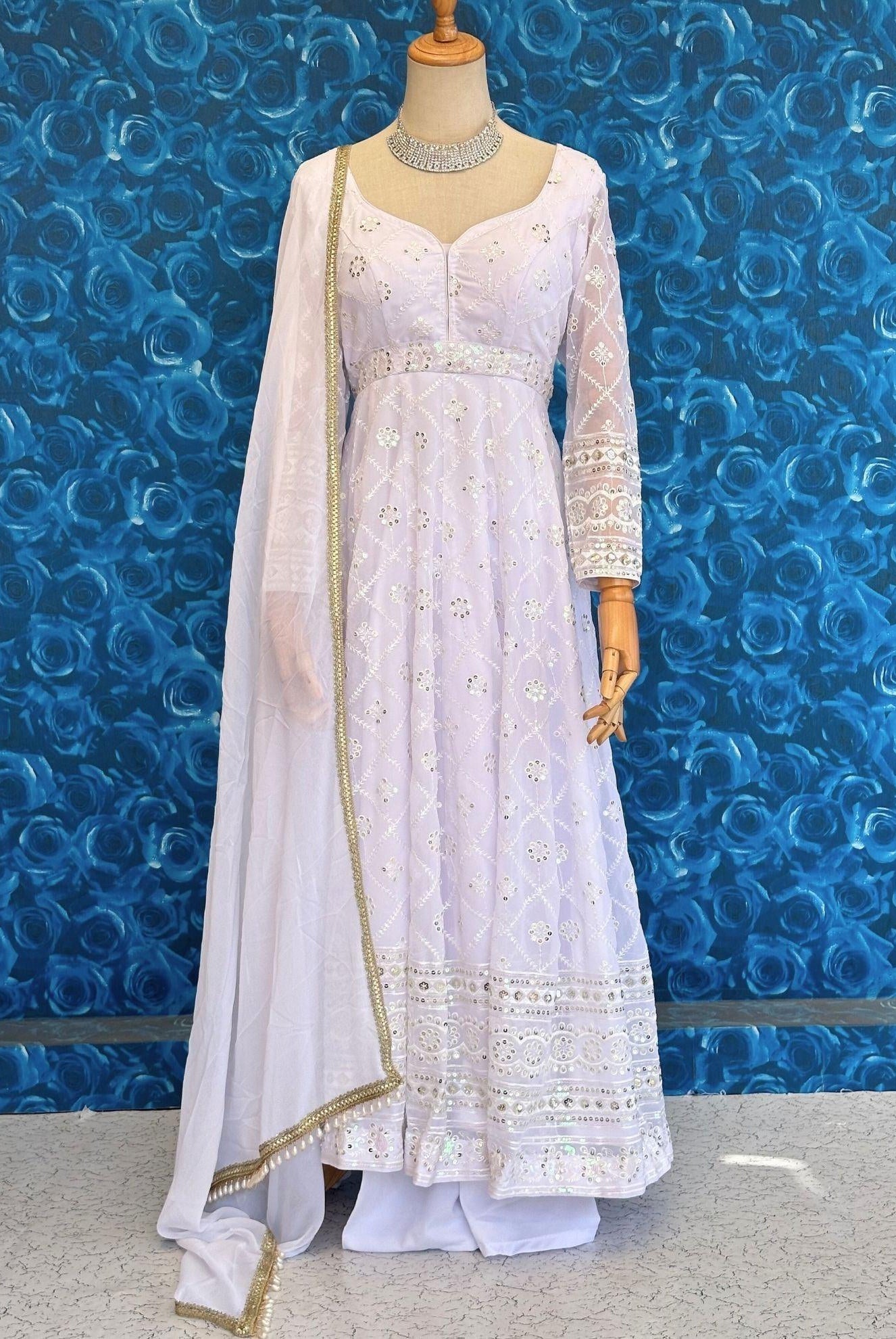 Floor-Length White Anarkali For Women - Boutique Nepal