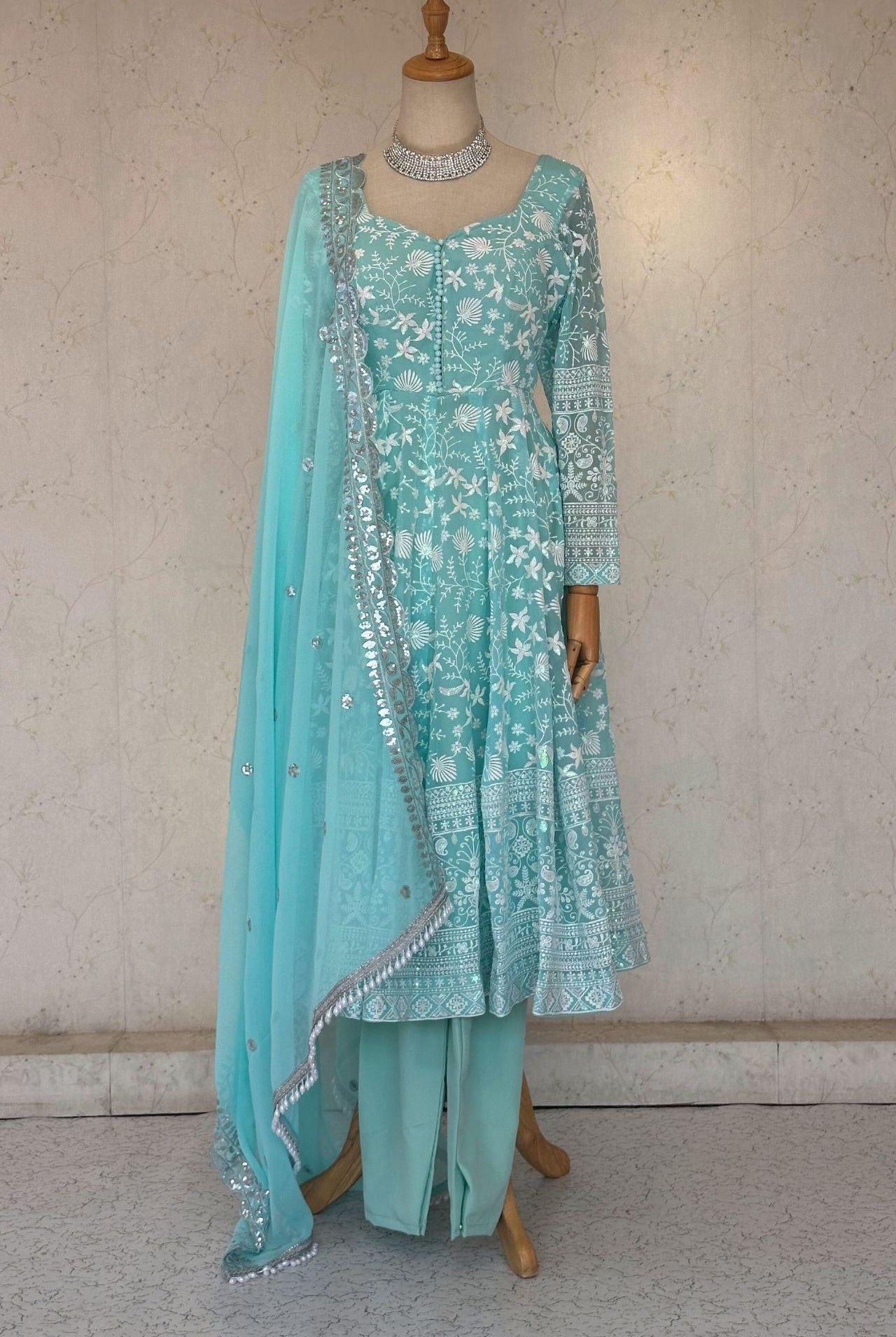 Floral Embrodery Design Anarkali Set In Skyblue - Boutique Nepal