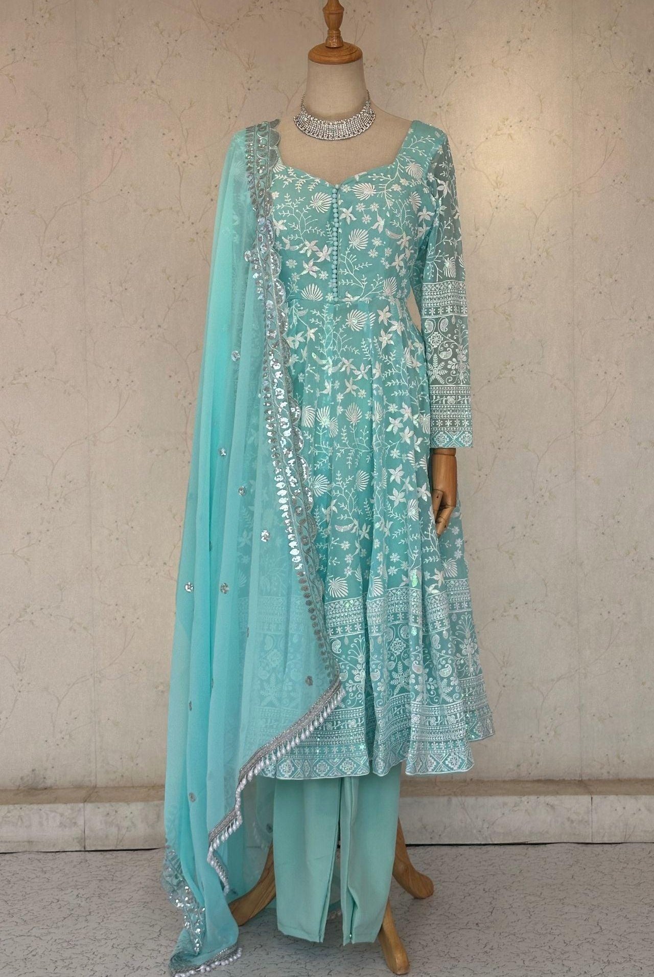 Floral Embrodery Design Anarkali Set In Skyblue - Boutique Nepal